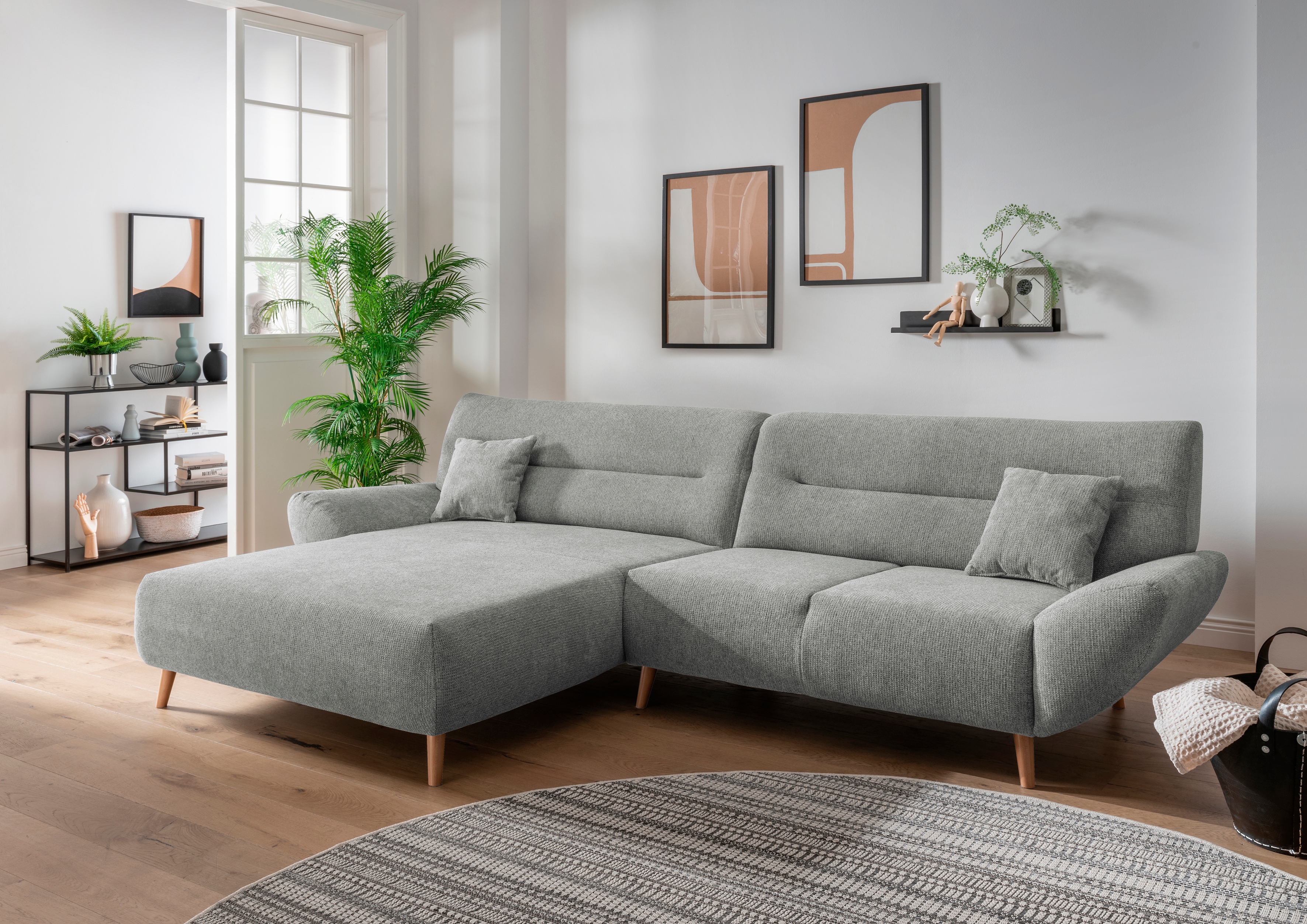 Home affaire Ecksofa "Drago, elegant und zeitlos, komfortabel, Holzfuß, L-Form, Breite 290cm" frei im Raum stellbar, inkl. 2 Zierkissen