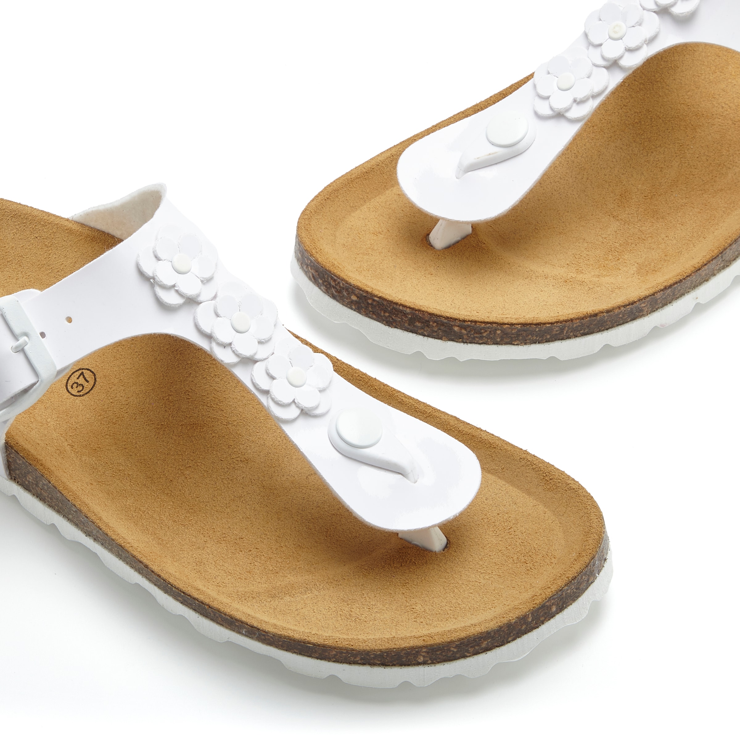 LASCANA Zehentrenner »Sandale, Pantolette, offener Schuh, Sommerschuh,«  mit modischer Applikation und Komfortkorkfußbett aus Leder