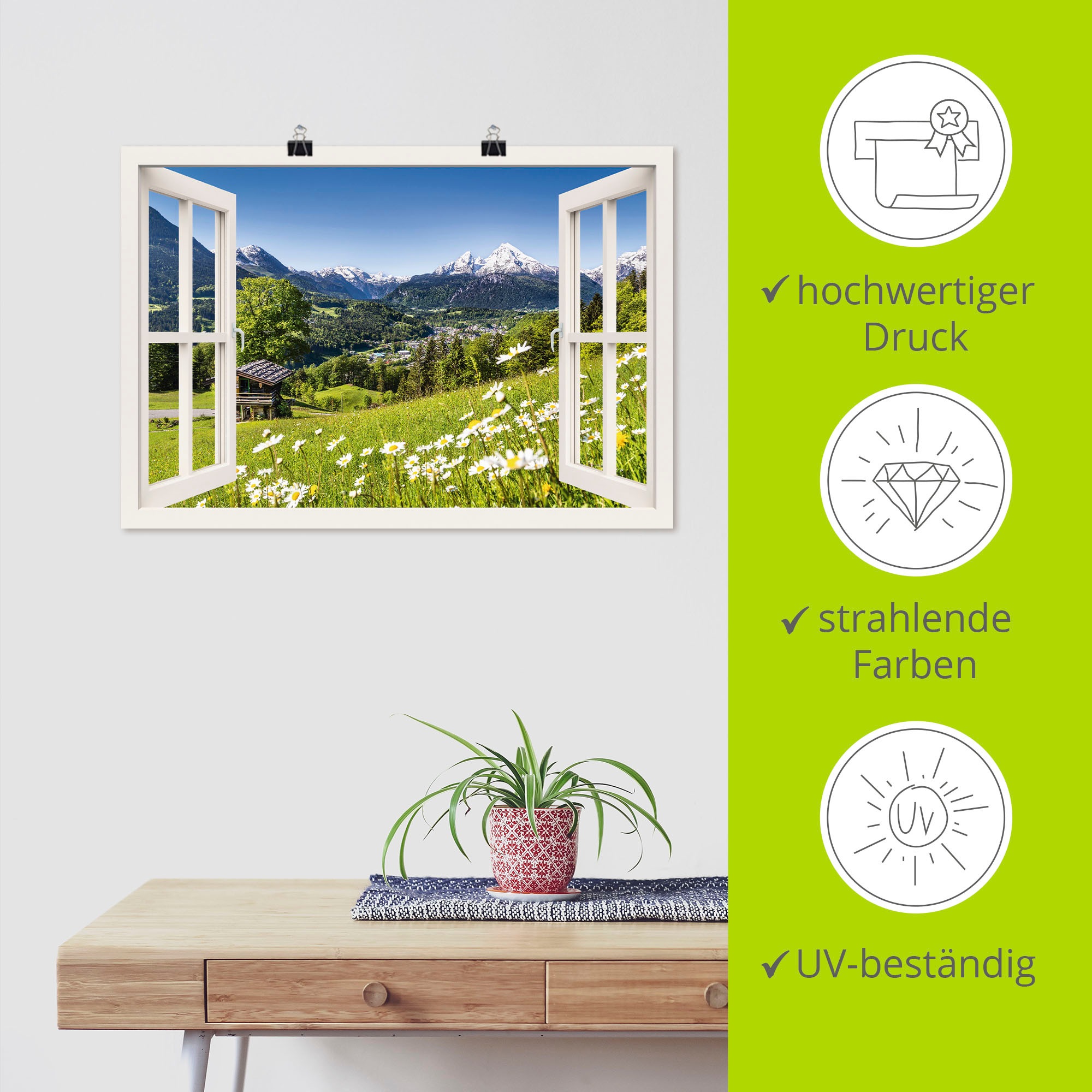 Artland Wandbild »Fensterblick Bayerischen Alpen«, Berge, (1 St.), als Alubild, Leinwandbild, Wandaufkleber oder Poster in versch. Größen