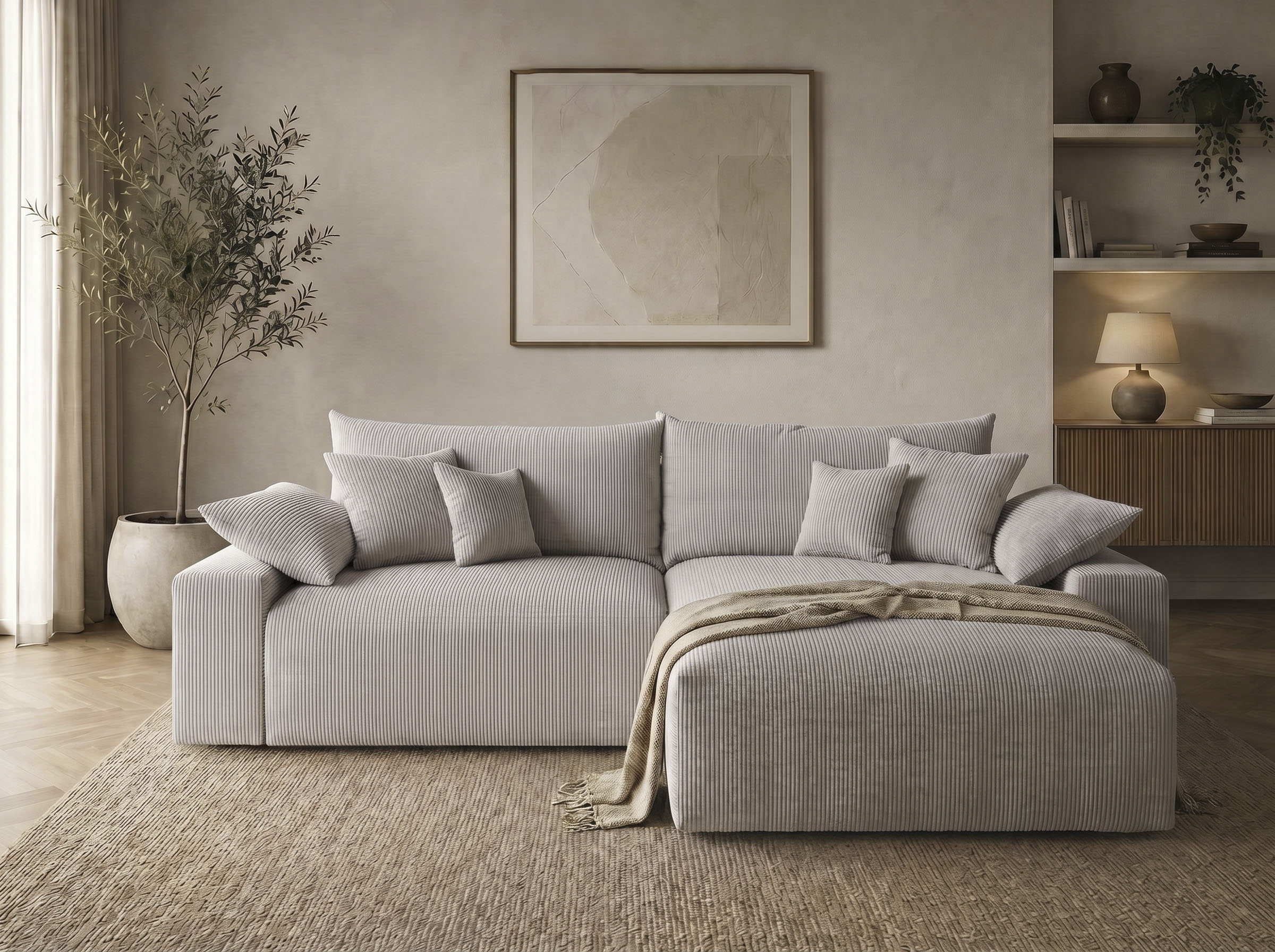 OTTO home Ecksofa "Amici L-Form, B: 302 cm, Mega-Sofa in Boucle und Cord" Couch mit Federkern & 6 Zierkissen, frei stellbar