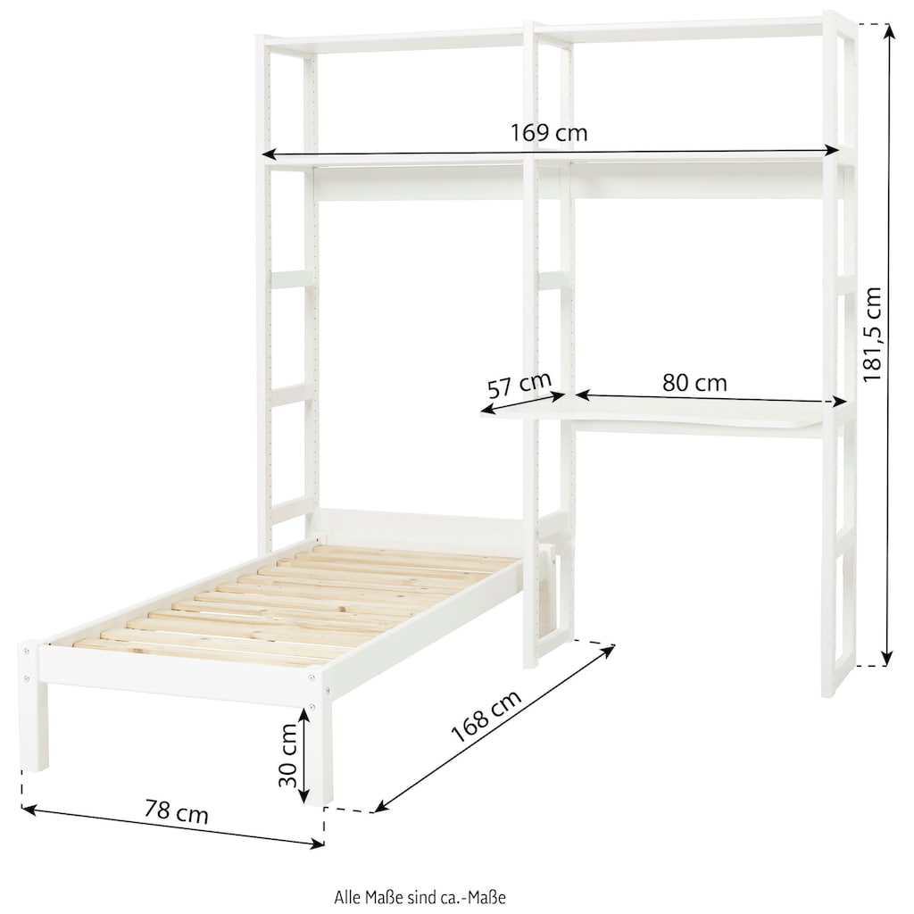 Hoppekids Jugendzimmer-Set »STOREY«, (Set, 13 St., Bett, Schreibtischplatte, 4 Einlegeböden, 4 Stützelemente, Rollrost)