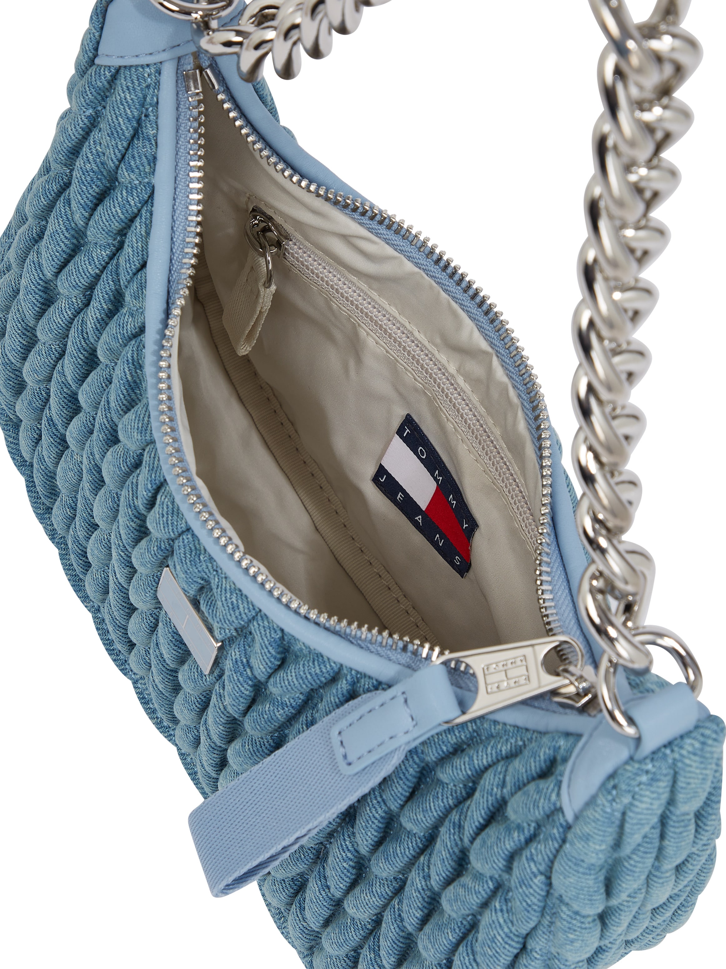 Tommy Jeans Umhängetasche »TJW ICONIC SHOULDER DENIM«, Damen Abendtasche, Henkeltasche mit edlem Ketten-Tragegriff