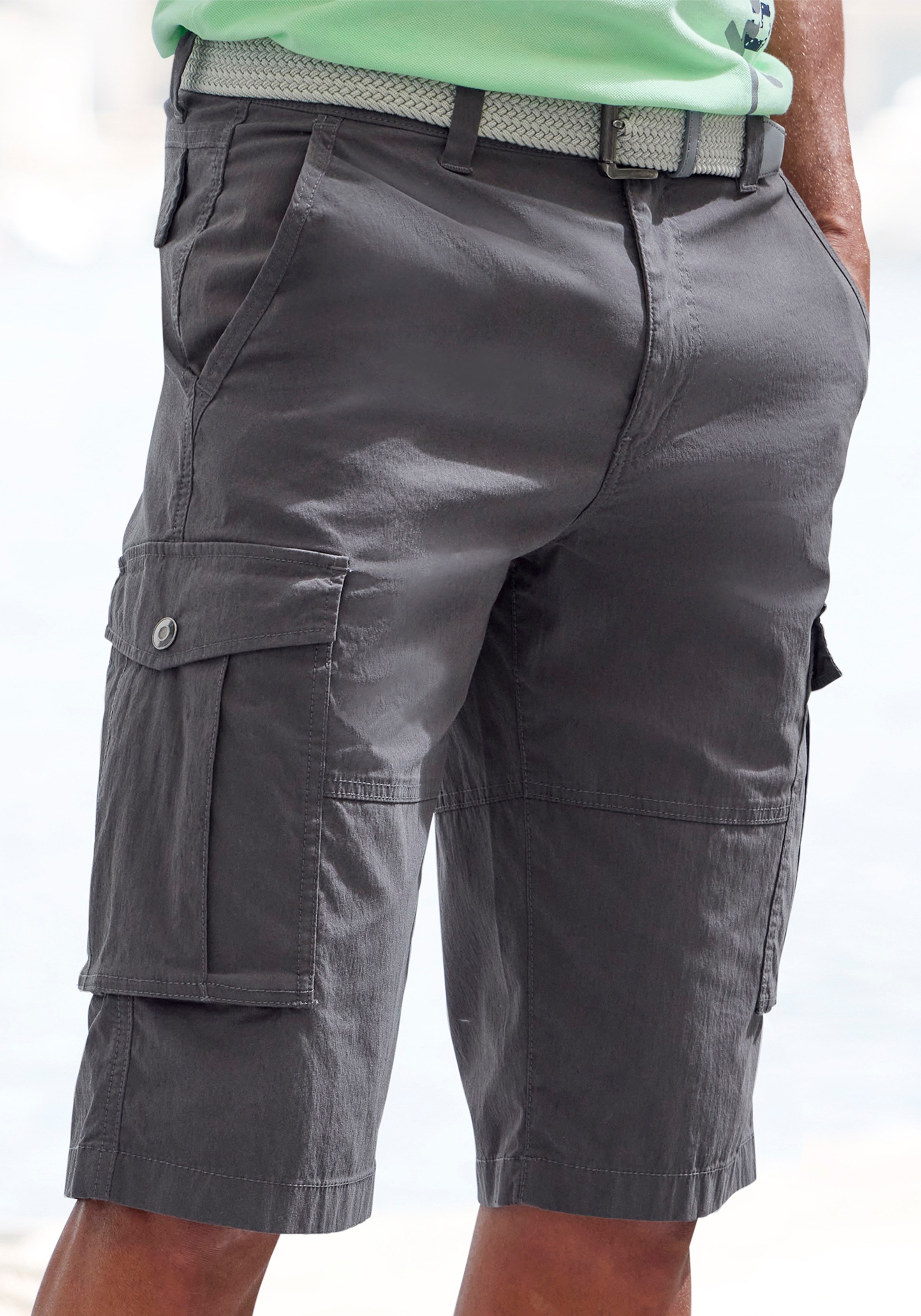 Cargobermudas JOHN DEVIN "aus elastischer Baumwollmischung", Herren, Gr. 33, N-Gr, grau (anthrazit), Web, Obermaterial: 98% Baumwolle, 2% Elasthan, unifarben, bequem kniebedeckend, Hosen, mit Seitentaschen, 3/4 Shorts 3