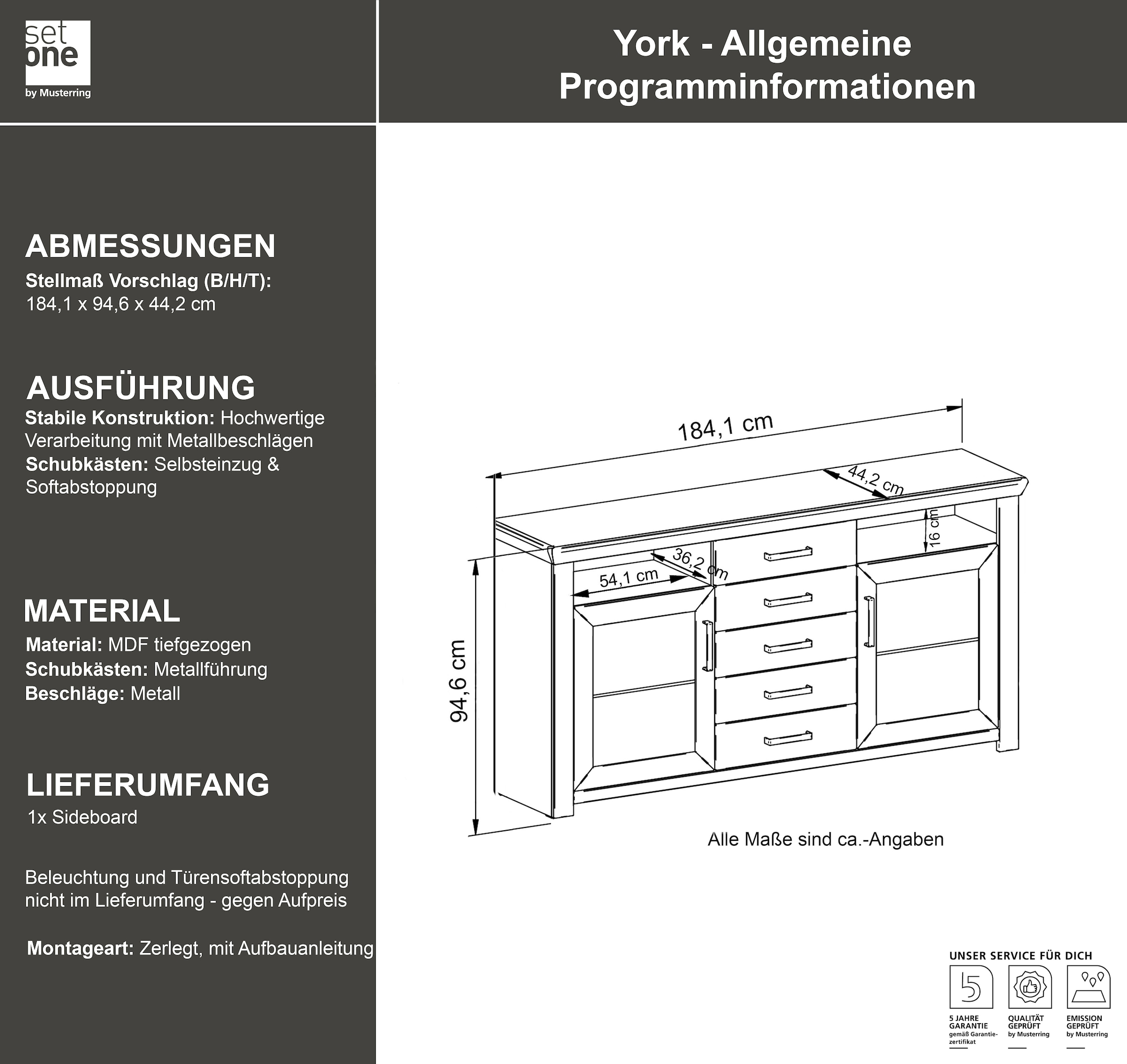 set one by Musterring Sideboard »York«, Typ 55, mit viel Stauraum, im Landhaus-Stil, B 184 x H 95 cm