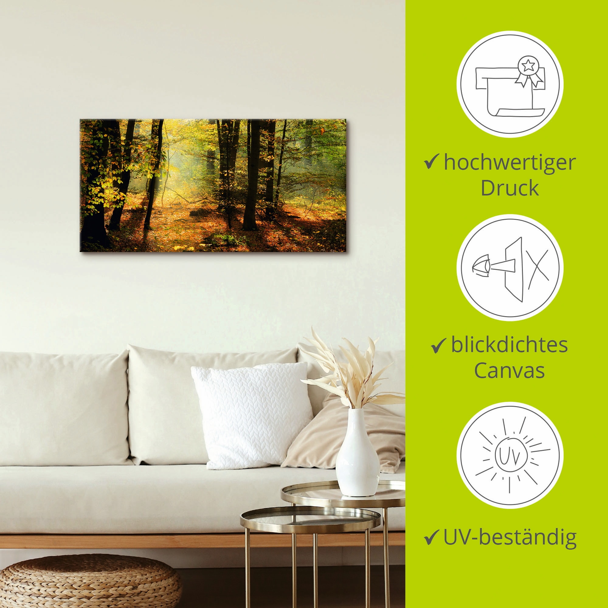 Artland Wandbild »Herbstlicht im Wald«, Wald, (1 St.), als Leinwandbild, Poster, Wandaufkleber in verschied. Größen