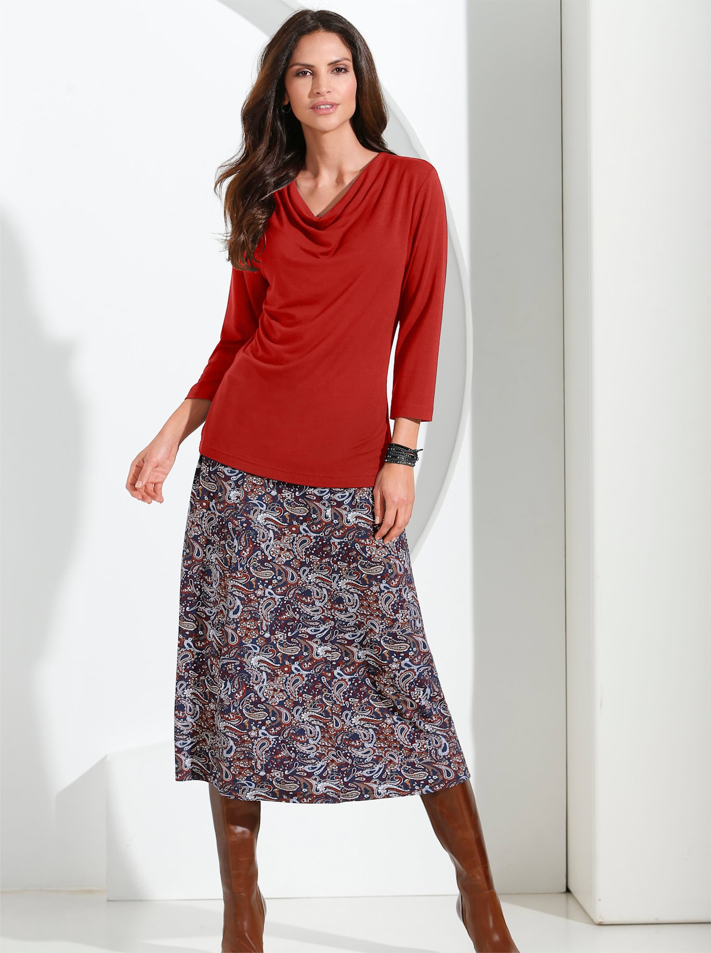 Wasserfallshirt INSPIRATIONEN "Shirt", Damen, Gr. 50, braun (zimt), 95% Viskose, 5% Elasthan, unifarben, Wasserfallausschnitt, Shirts