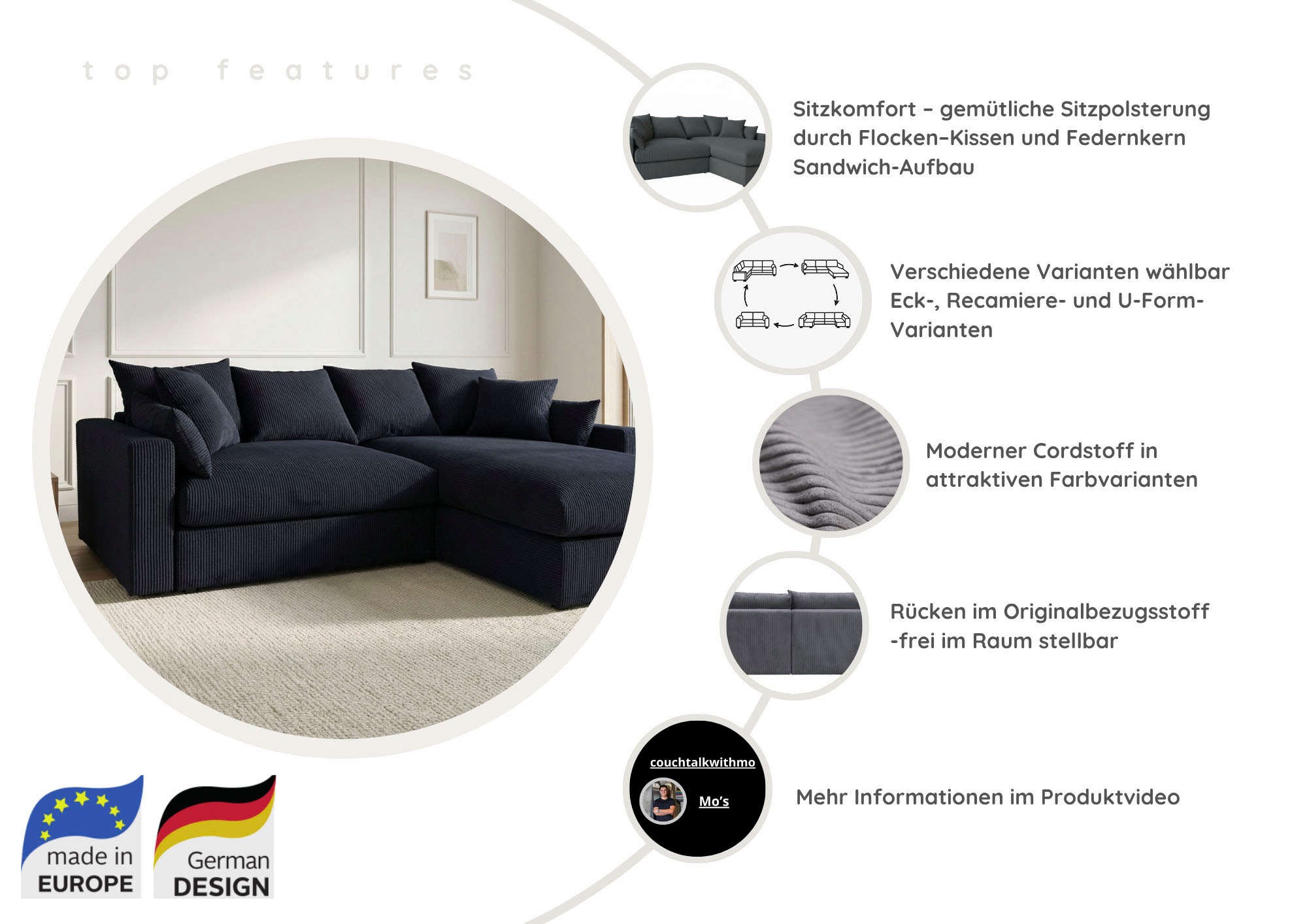 OTTO home Ecksofa »Cosy Lounge U-Form, Breite 351 cm« Mega-Sofa mit Cordstoff bezogen, mit Federkern & 5 Zierkissen