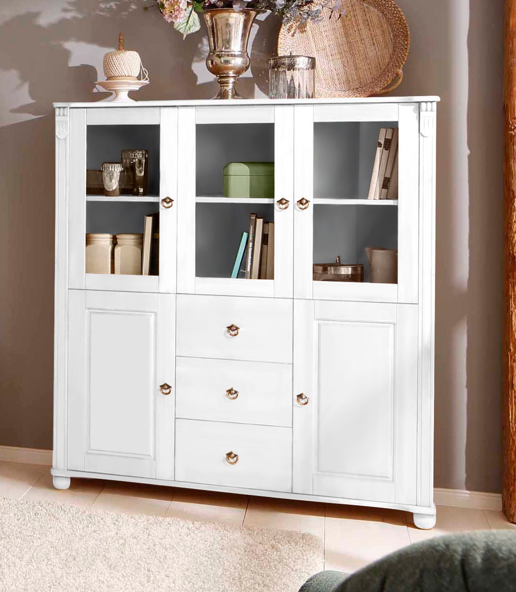 Preisvergleich für Home affaire Highboard Ferrera, im romantischen  Landhausstil, BxHxT 127x38x140 cm, aus Massivholz, SKU: 28647569 |  Ladendirekt