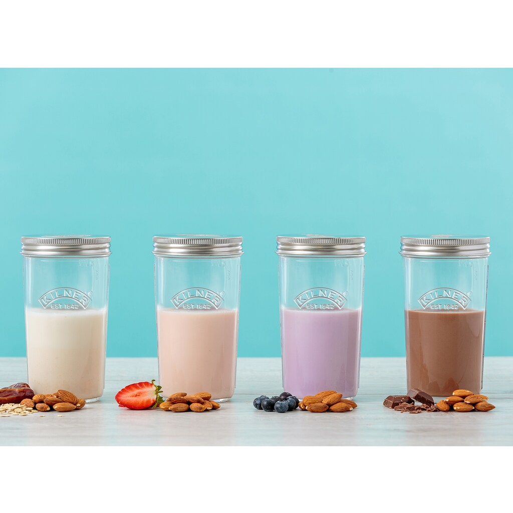 KILNER Protein Shaker, (Set, 4 tlg.), für Nussmilch, mit Spritzschutz, Kolben und 2 Gläsern á 0,5 L