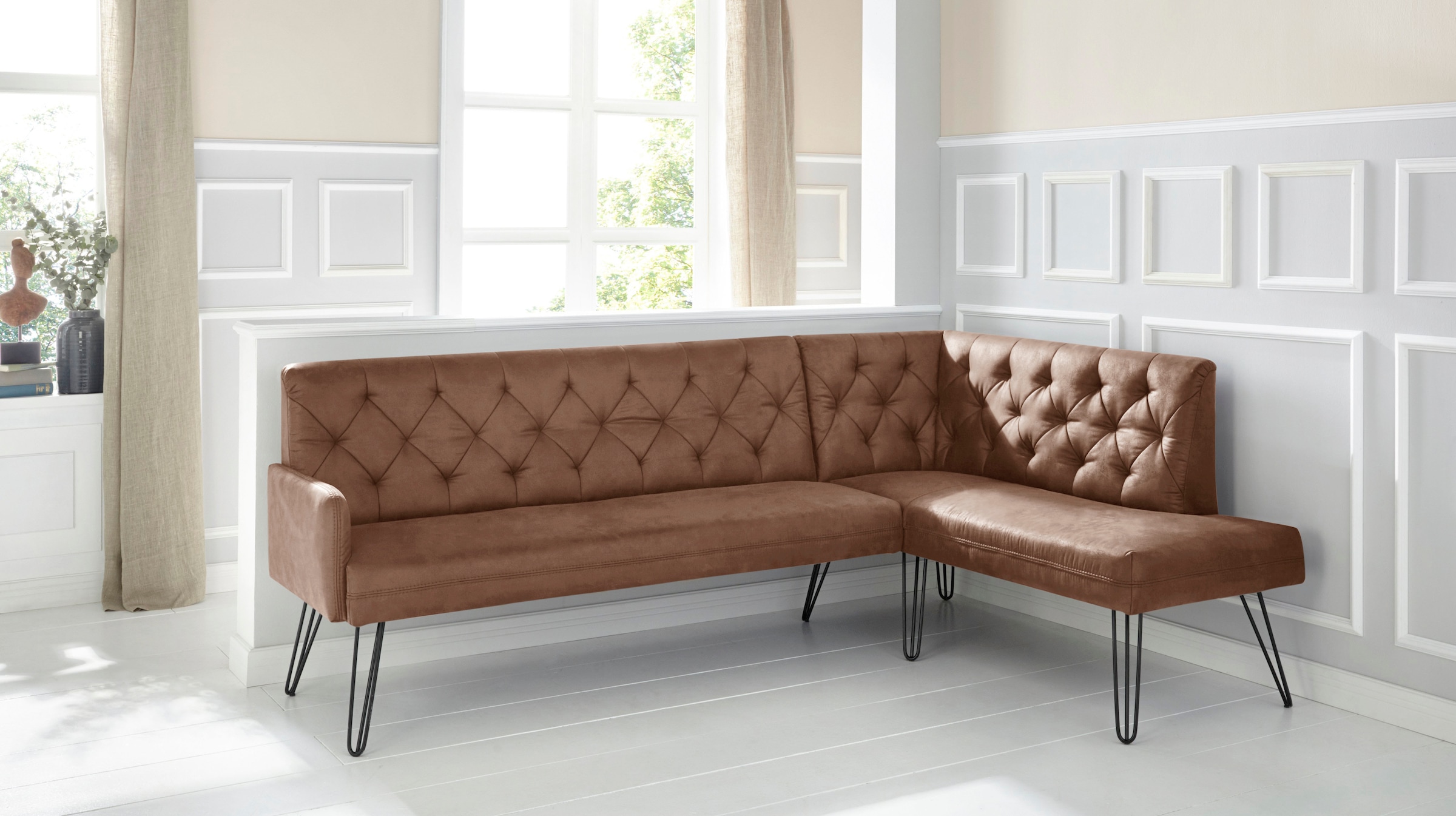 exxpo - sofa fashion Eckbank "Doppio, Chesterfield Optik, komfortabel und bequem, hohe Designfüße", Frei im Raum stellba