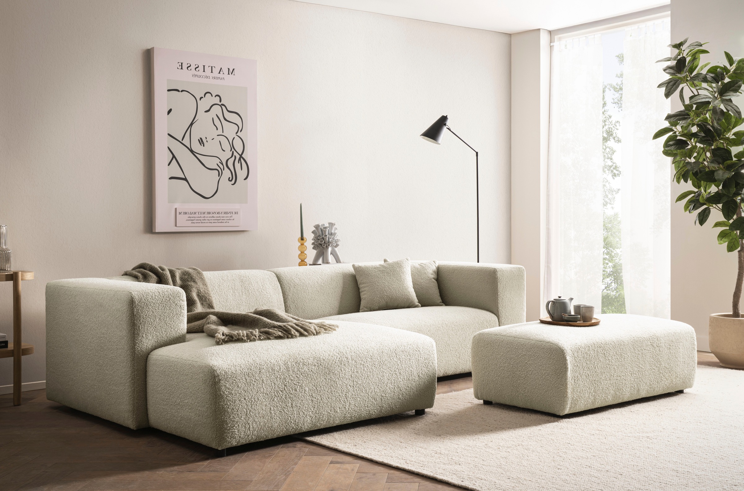 andas Ecksofa »BAKELS, L-Form in Cord oder Boucle-Stoff, moderne Couch«, wahlweise Recamiere rechts/links, bequemer Sitzkomfort