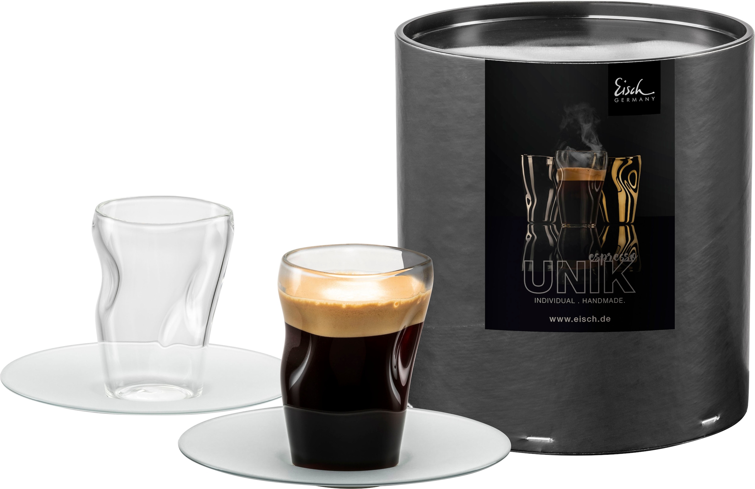 Eisch Espressoglas "UNIK", (Set, 4 tlg., 2 Espressogläser mit Untertassen in Geschenkröhre), Espressoglas mit Untertasse