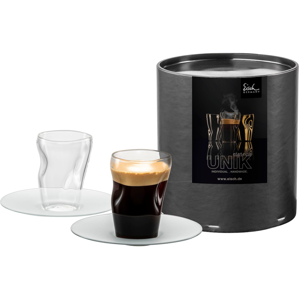 Eisch Espressoglas »UNIK«, (Set, 4 tlg., 2 Espressogläser mit Untertassen in Geschenkröhre), Espressoglas mit Untertasse, 2-teilig, 100 ml