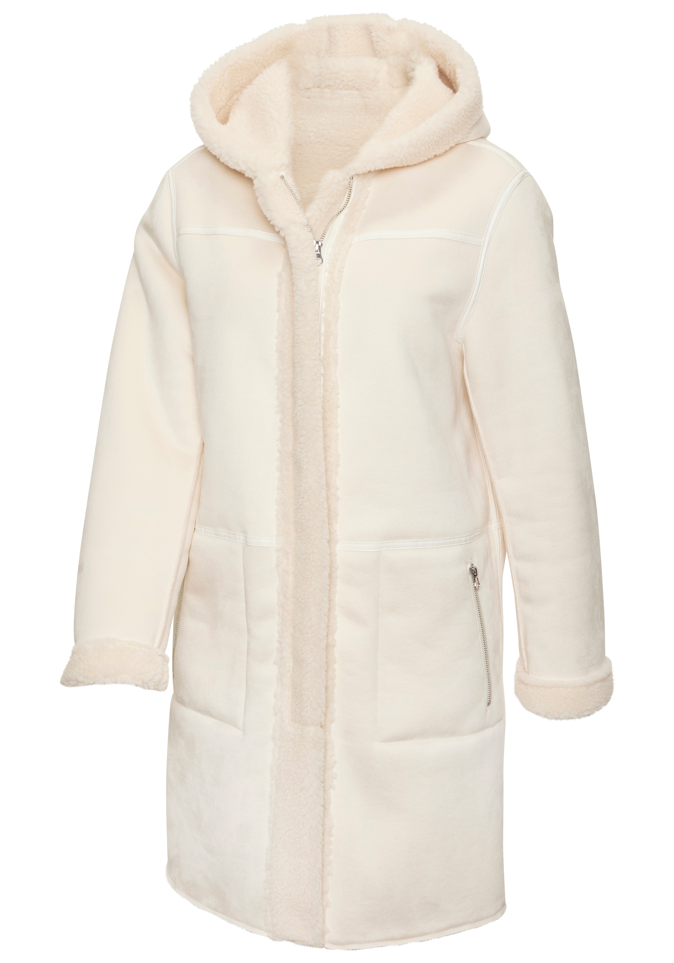 French Connection Lederimitatjacke mit Kapuze mit Teddyfutter auf der Innenseite, Shearling Jacke, Lammfelloptik