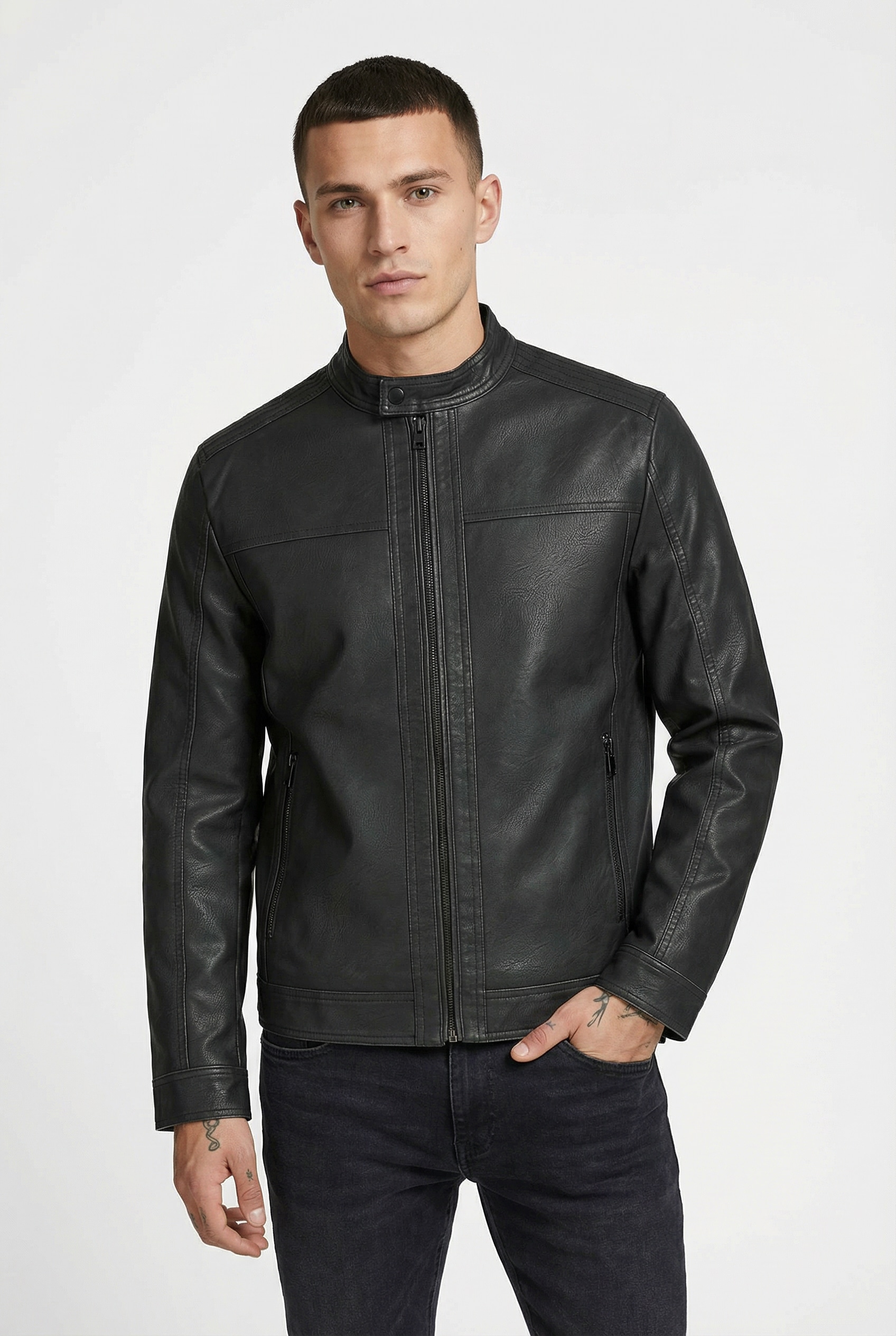 Jack & Jones "JJEWARNER WASHED PU JACKET NOOS" ohne Kapuze mit Bandkragen