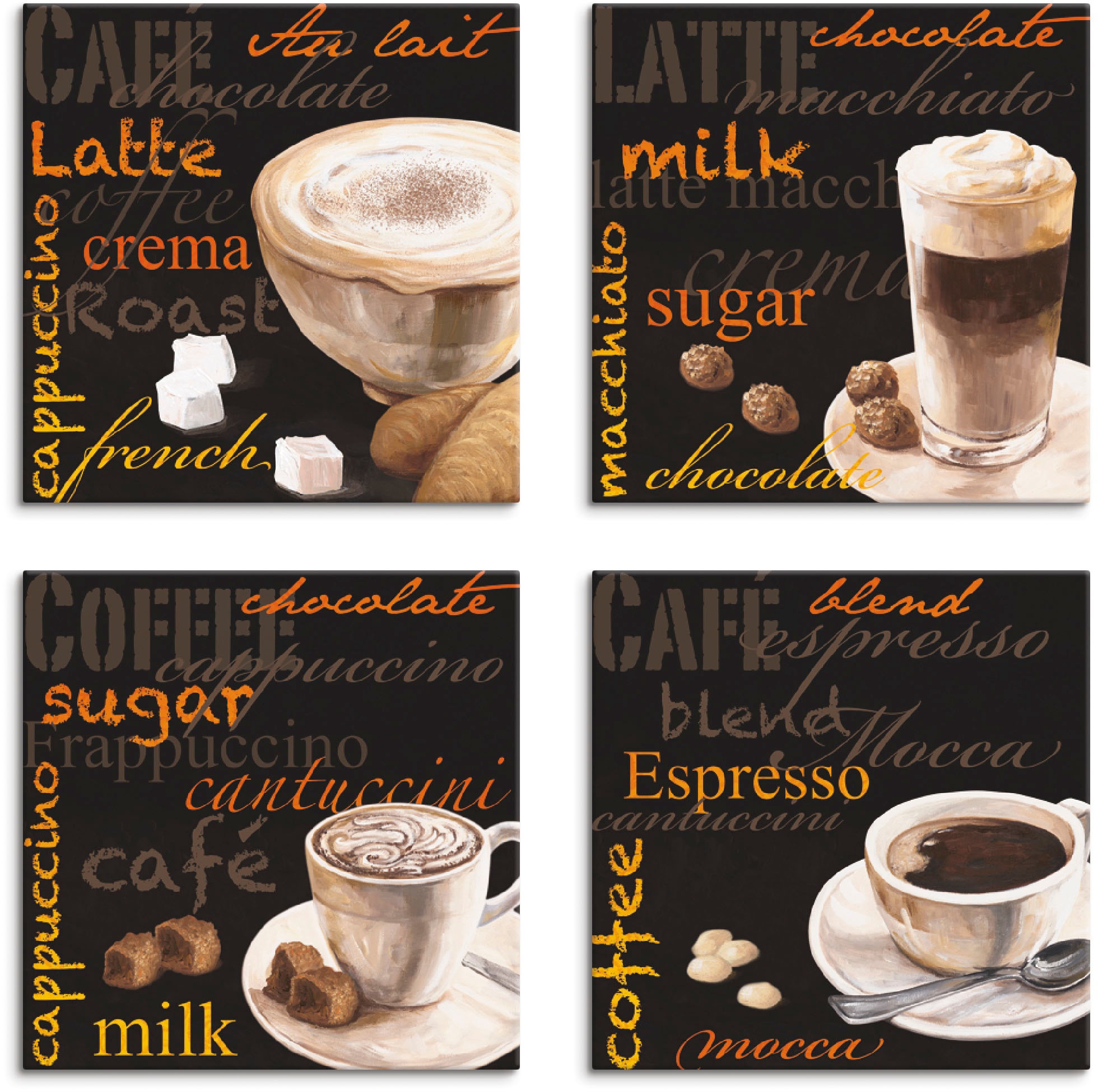 Artland Leinwandbild "Cappuccino Macchiato Coffee Espresso", Getränke, (4 St.), 4er Set, verschiedene Größen
