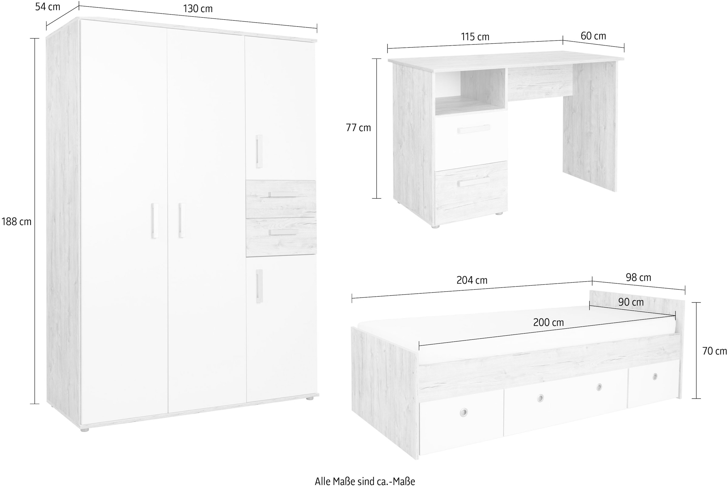 arthur berndt Jugendzimmer-Set »Jugendzimmer-Set »Bente« 3-teilig«, (3 tlg.), Eiche-Sand/Weiß Nachbildung