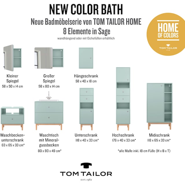 TOM TAILOR HOME Hochschrank »COLOR BATH«, mit 2 Türen & 2 Schubladen, mit  Push-to-Open,Füße Eiche, Breite 40 cm | BAUR