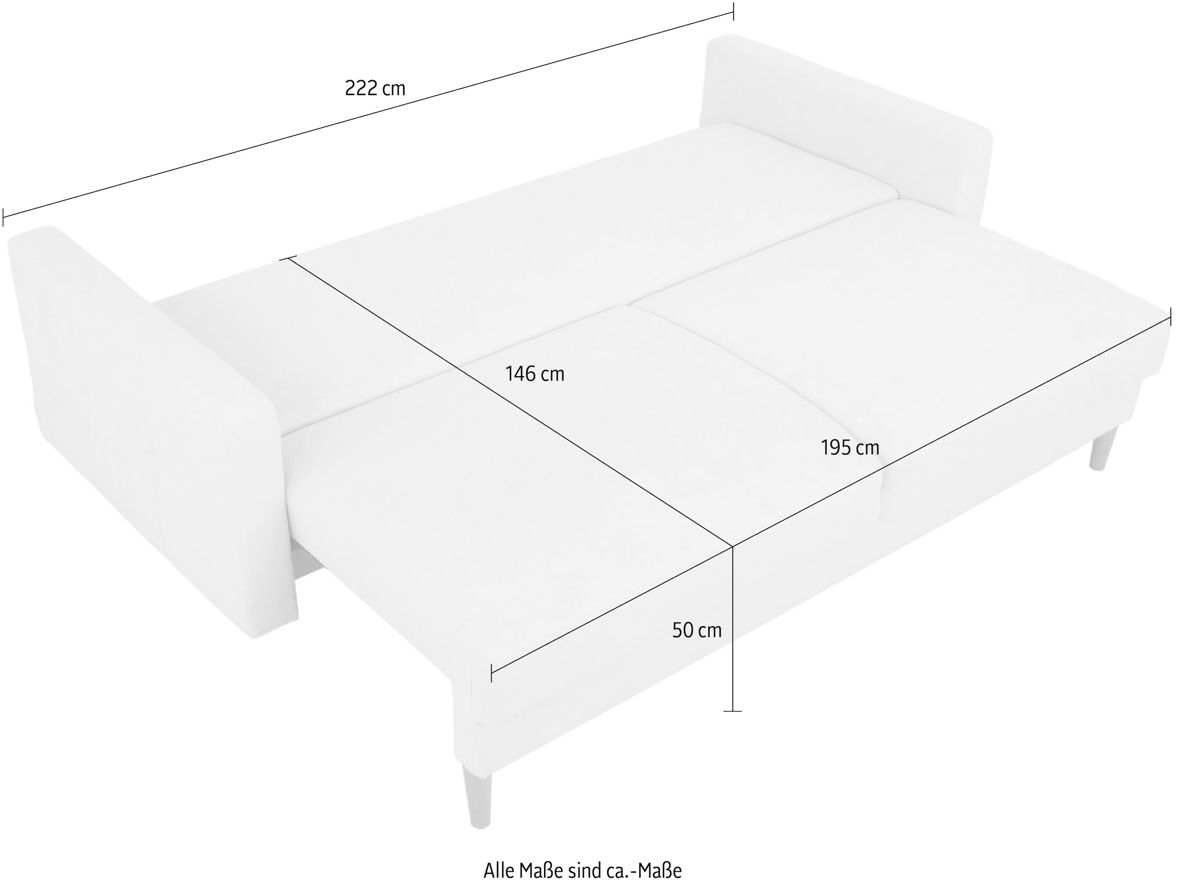 Home affaire 2-Sitzer »AMREI B/T/H: 222/99/93 cm«, incl. 2 Rollen-Zierkissen, incl. Bettkasten und Schlaffunktioen