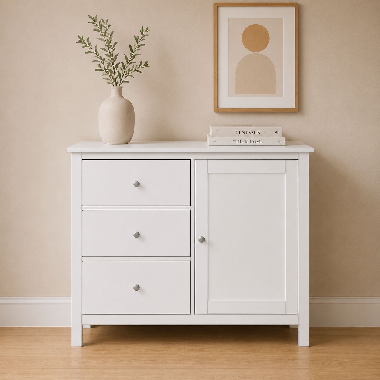 Inter Link Kombikommode "Pinora, Kiefer Massivholz, Weiss, 110 x 39,50 x 96 cm, viel Stauraum" 1 Stk. tlg. Sideboard im modernem Skandi Look, 3 Schubladen, 1 Tür