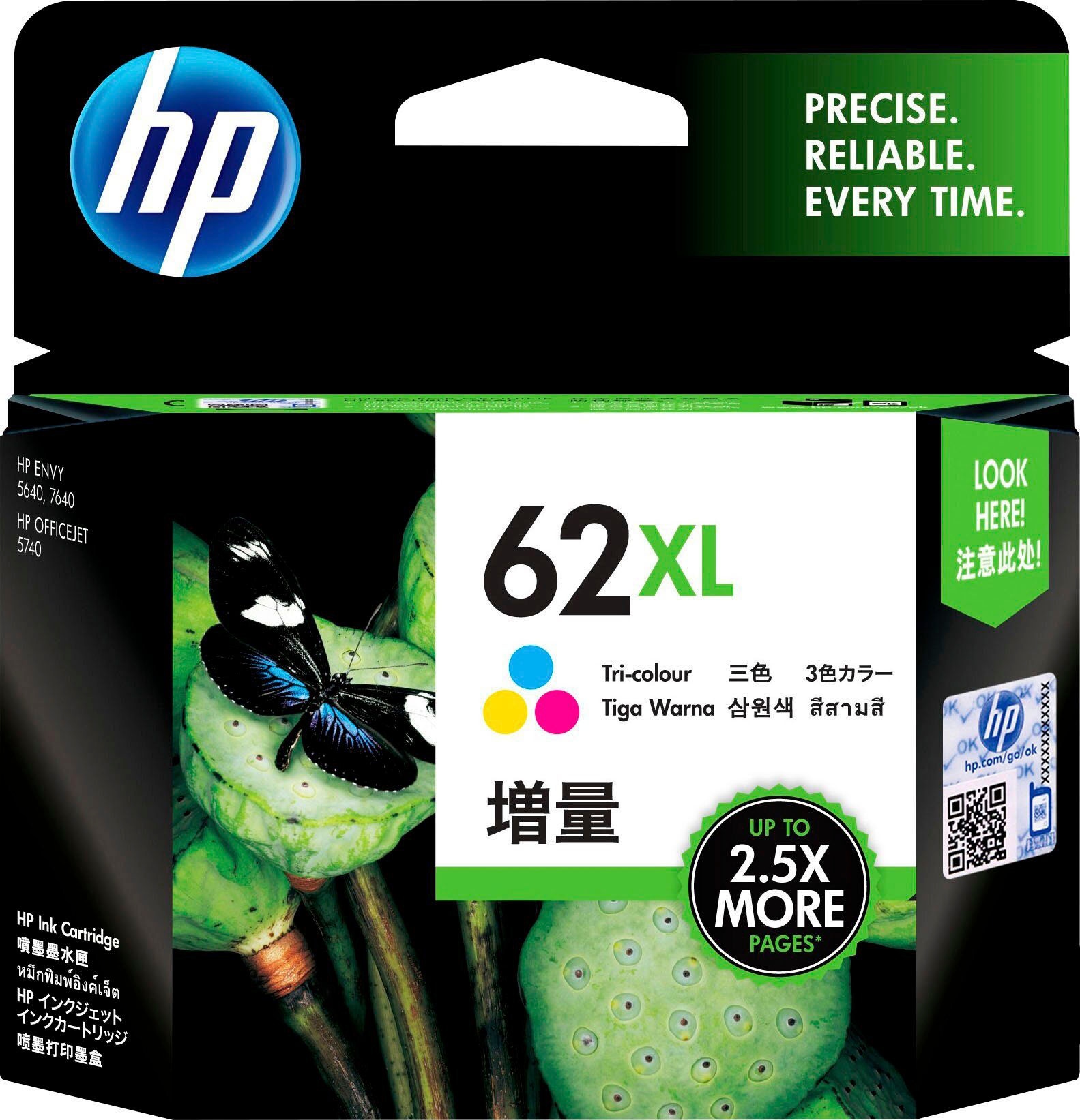 HP Tintenpatrone »62XL«, (1 St.), original Druckerpatrone 62 cyan/magenta/yellow XL