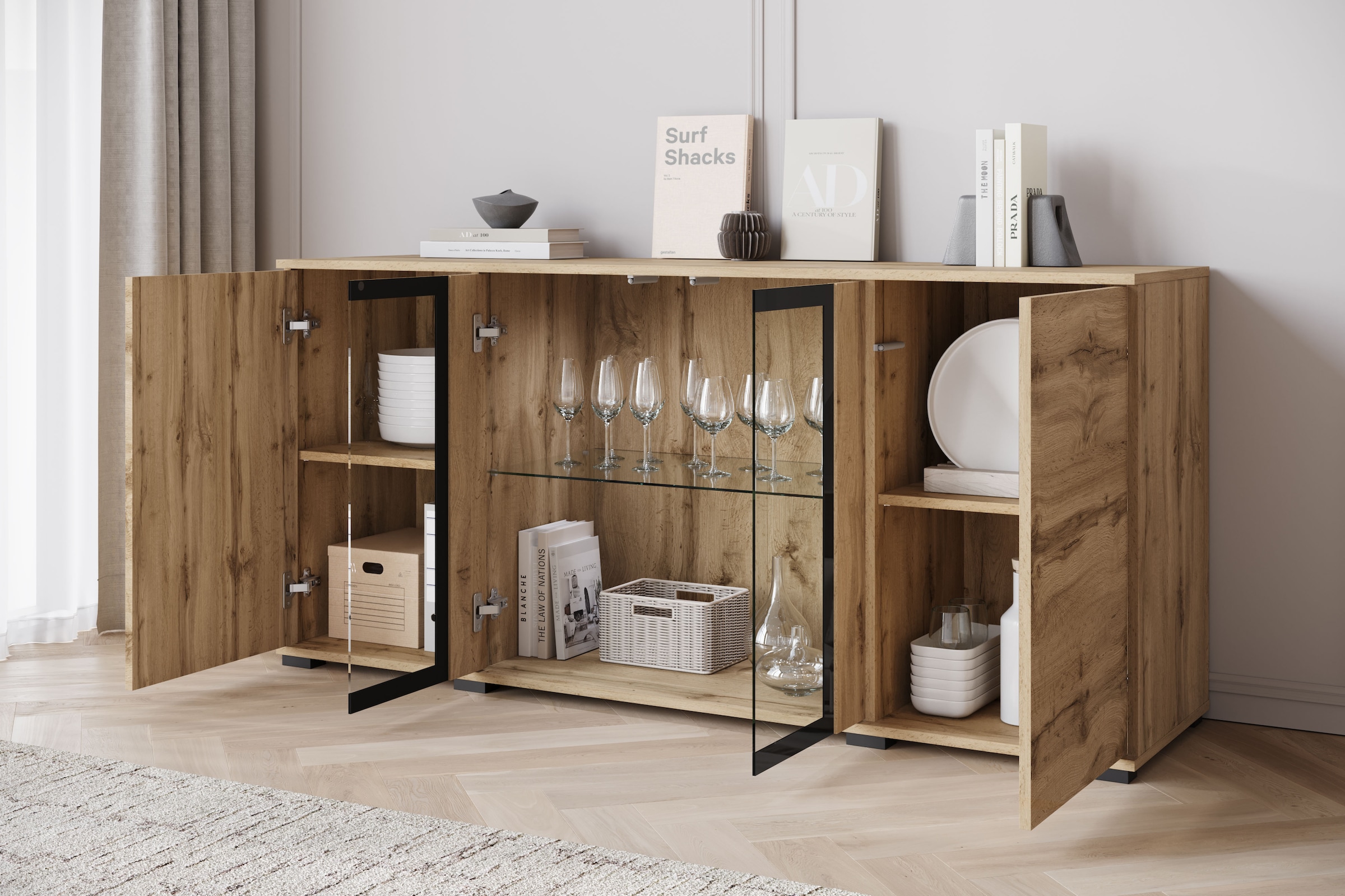 INOSIGN Sideboard »Caro, modernes Design mit Glaseinsätzen, Breite 150 cm«, (1 St.), Grifflose Fronten mit Push-to-Open, höhenverstellbare Einlegeböden