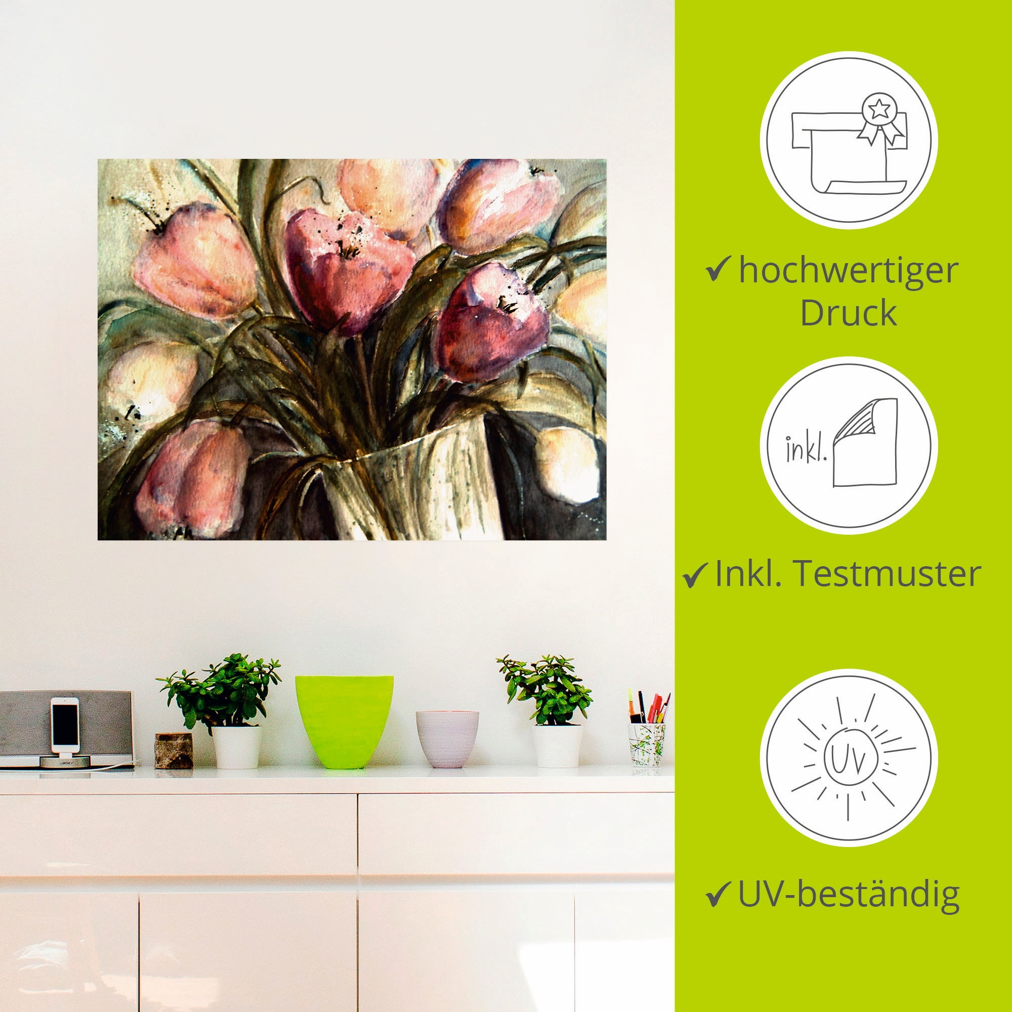 Artland Wandbild »Lila Tulpen in Vase«, Blumen, (1 St.), als Leinwandbild, Poster, Wandaufkleber in verschied. Größen