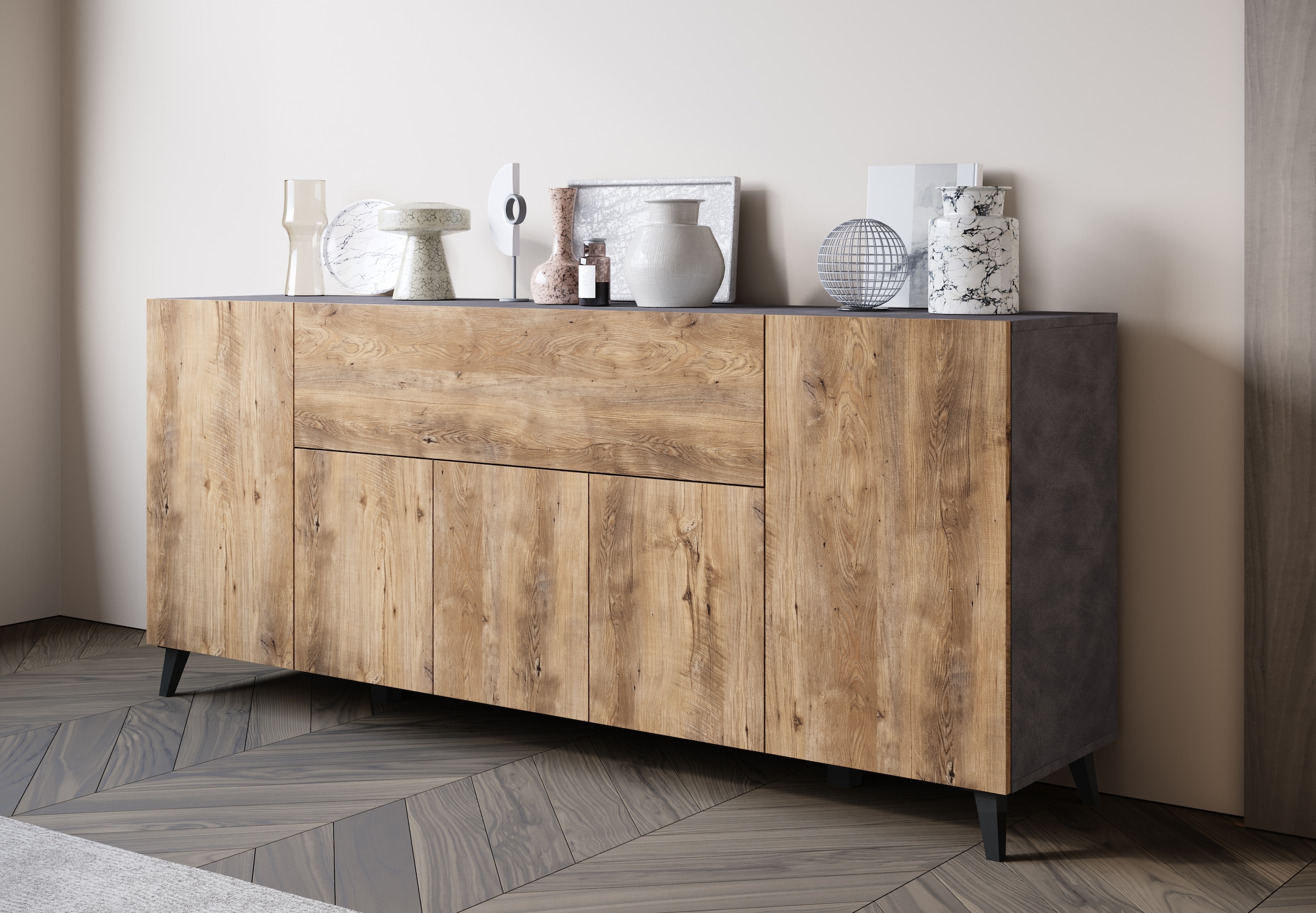 Home affaire Sideboard »SIDEBOARD PHUKET II, Stilvolle, grifflose kommode, Breite 180cm« Mit 5 Türen, 1 Klappe, 7 Fächern und höhenverstellbaren Einlegeböden