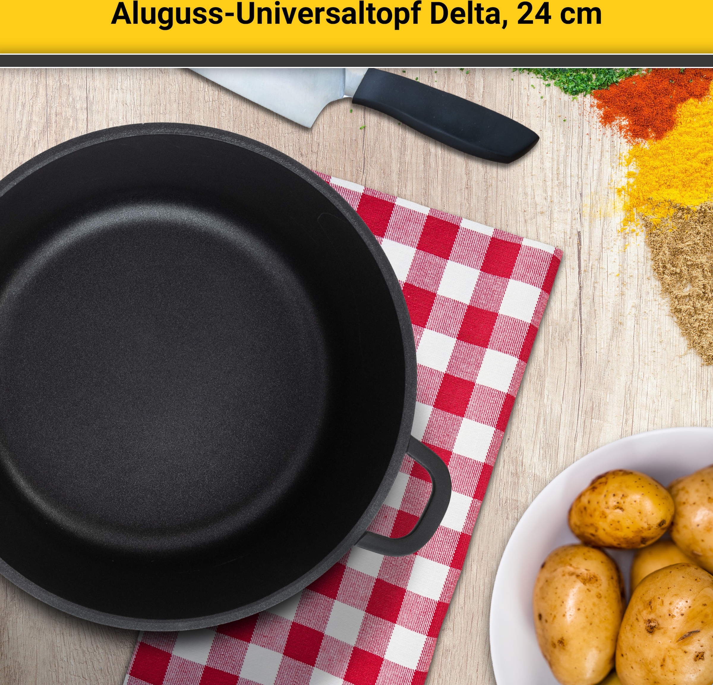 Krüger Kochtopf »Aluguss Universaltopf mit Glasdeckel DELTA, 24 cm«, Aluminiumguss, (1 tlg.), für Induktions-Kochfelder geeignet