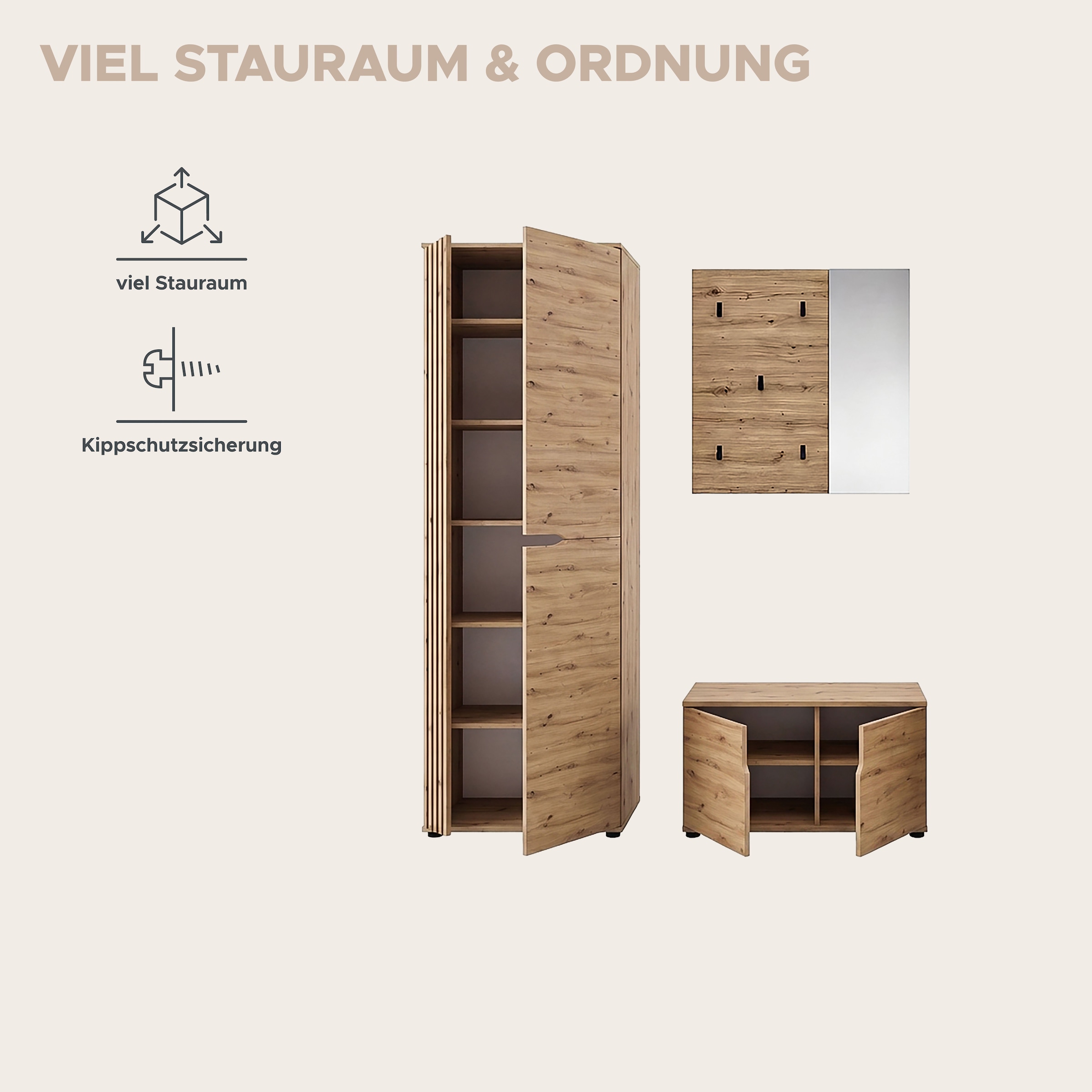 OTTO home Garderoben-Set »FJELL, 3-teilig, Breite 160cm, Front mit hochwertiger Längsfräsung«