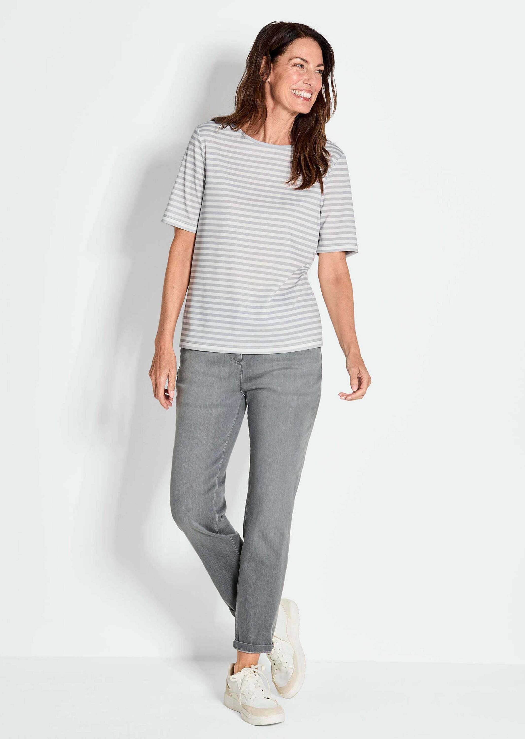 Kurzarmshirt GOLDNER "Kurzgröße Stilvolles Streifenshirt für Damen", Damen, Gr. 21, grau (grau, weiß, geringelt), Obermaterial: 92% Viskose CV. 8% Elasthan EL., gerade, Gerade, Shirts, Blende 3