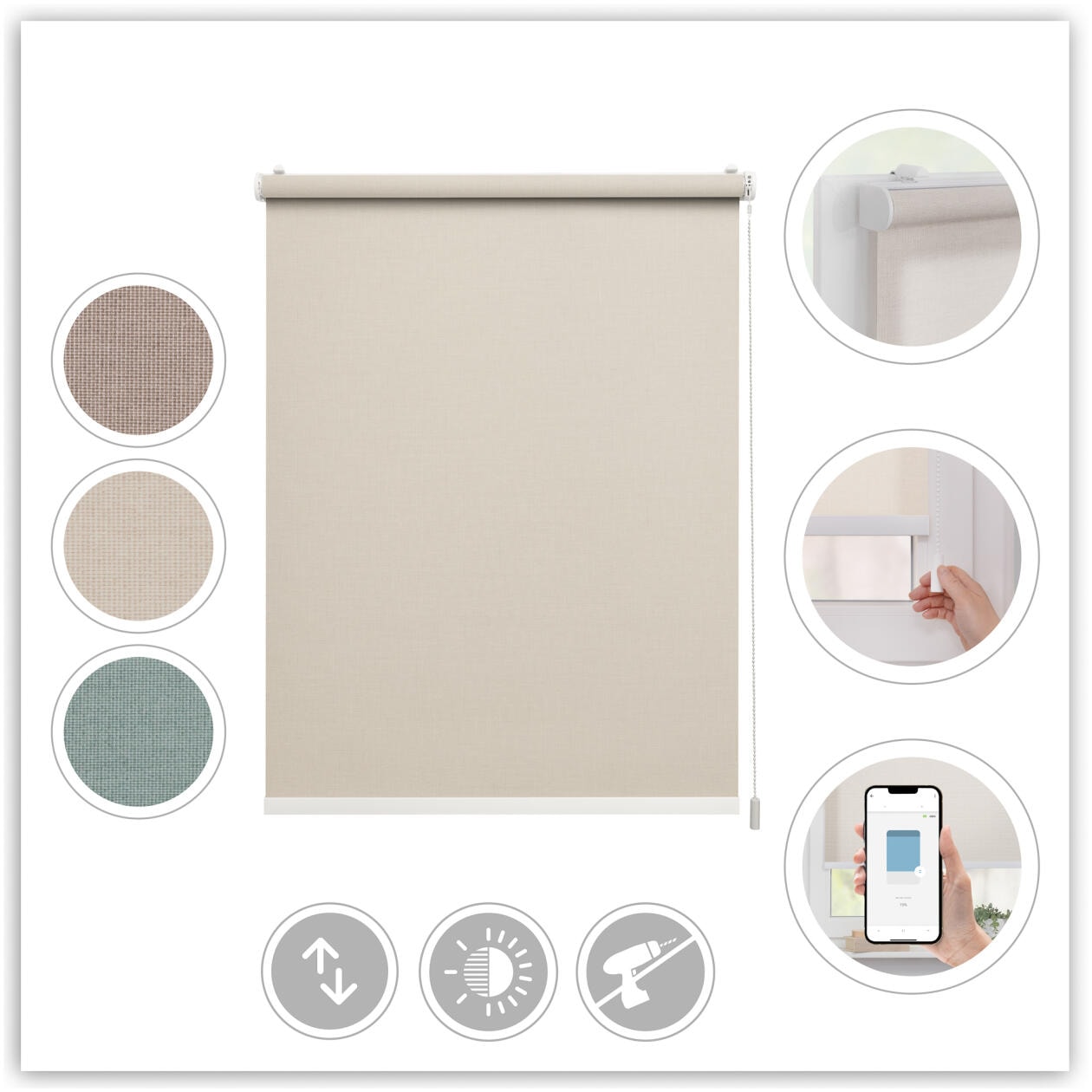 LICHTBLICK ORIGINAL Rollo »Klemmfix, ohne Bohren«, blickdicht, Blendschutz-Sichtschutz, mit Bohren/ohne Bohren, freihängend, Steuerbar mit Bluetooth-App, integrierter Elektromotor und Akku