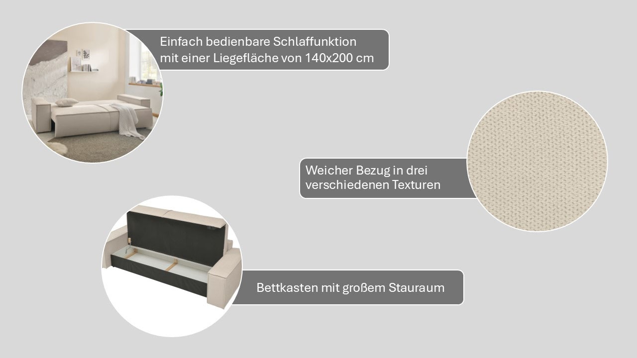 Thumbnail - OTTO home 3-Sitzer "FINNLEY, Schlafsofa 257 cm - OTTO. Verlässliche Qualität." mit Bettkasten, in Bouclé, Struktur fein ...