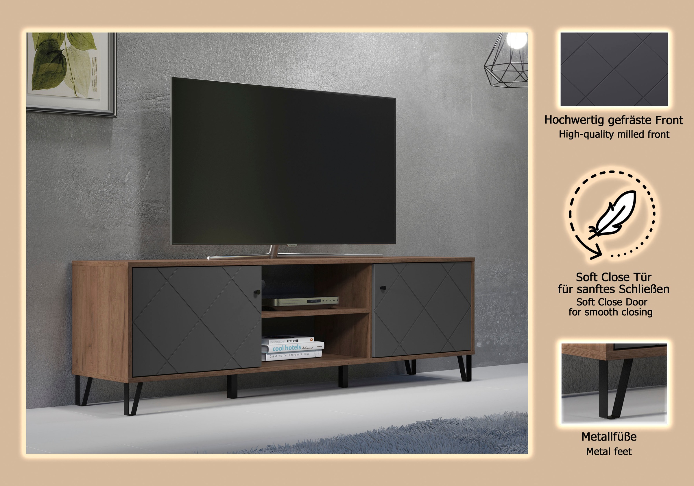 Places of Style Lowboard »Molveno«, (1 St.), TV-Unterteil mit 2 Türen & 2 Fächern - (B/T/H) 183/40/56 cm