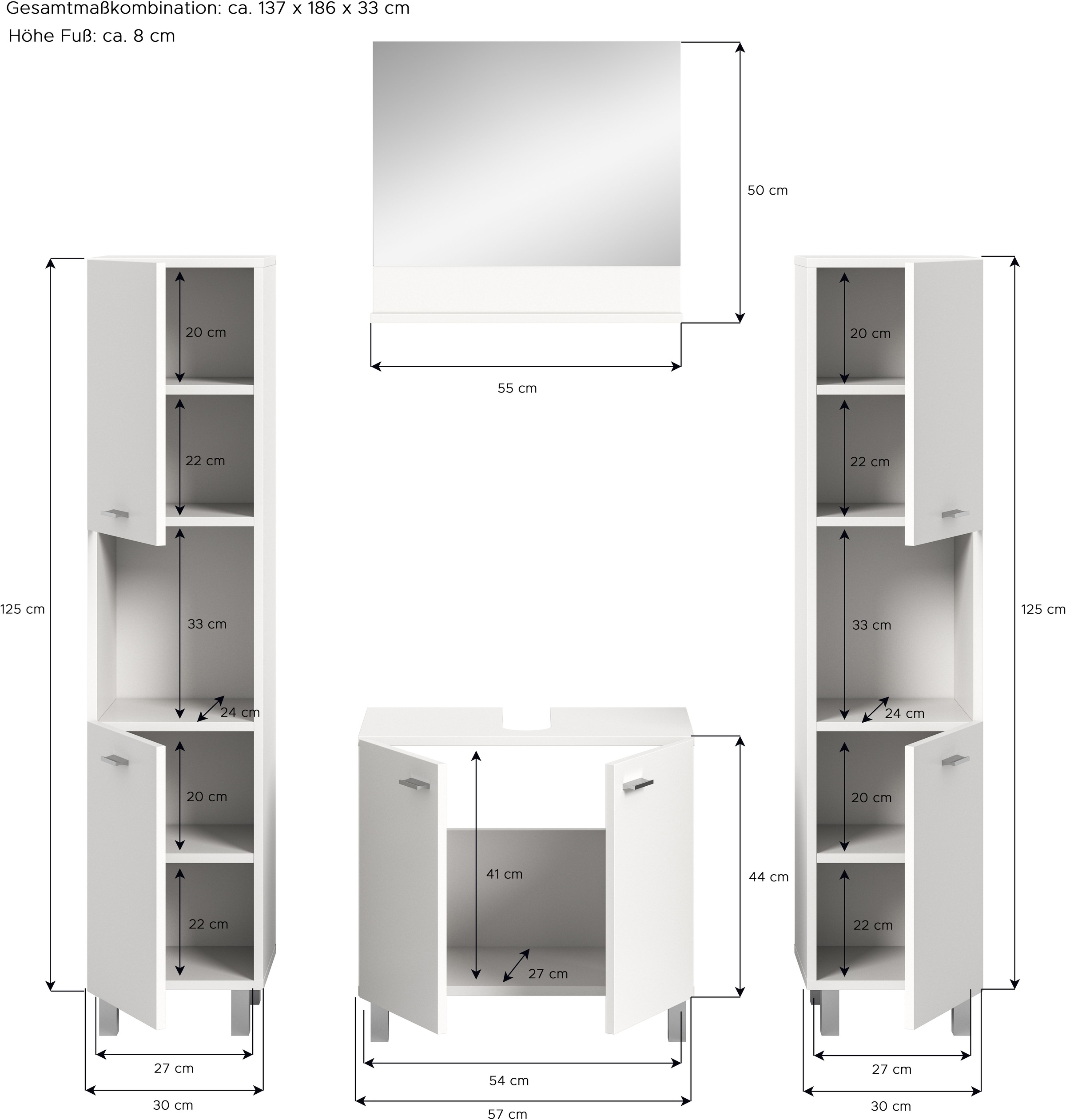welltime Badmöbel-Set »Tampa, Breite 137cm, 4-teilig«, (4 St.), Waschbeckenunterschrank, Spiegel, Hochschrank
