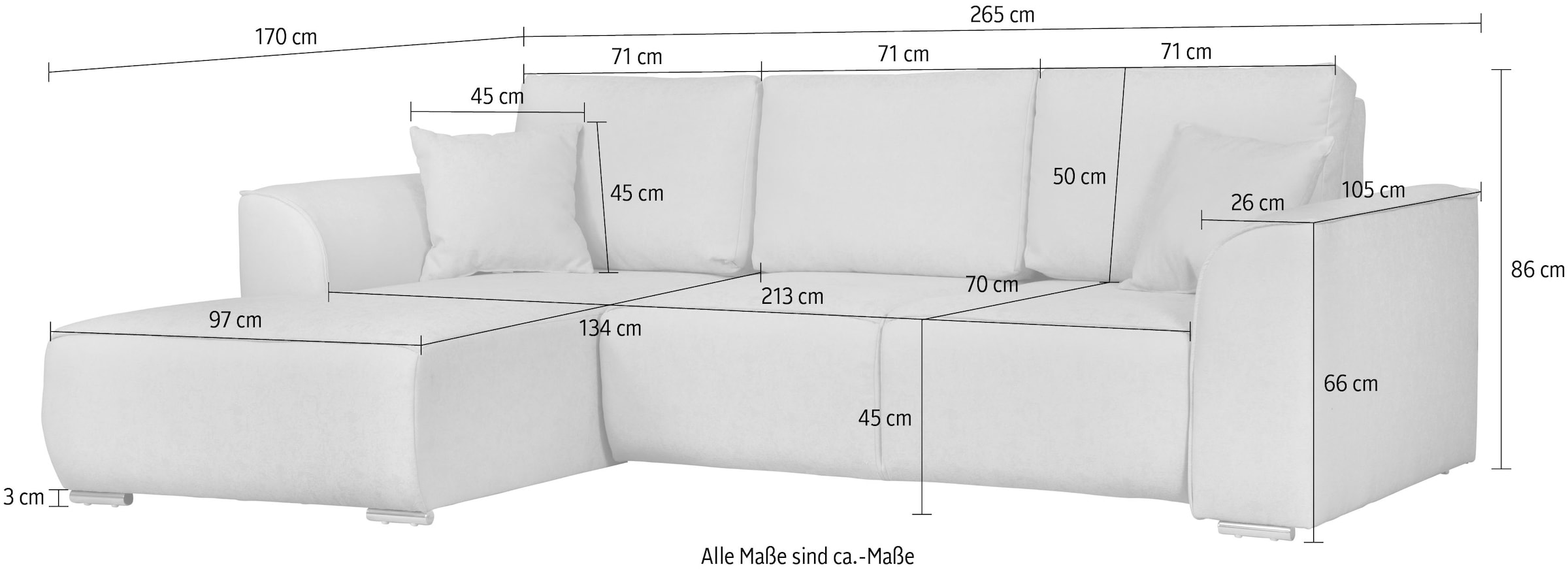 INOSIGN Ecksofa »BEATRICE optionale Schlafsofa mit Bettkasten, B/T/H: 265/170/86 cm«, L-Form, wahlweise auch mit Bettfunktion und Bettkasten