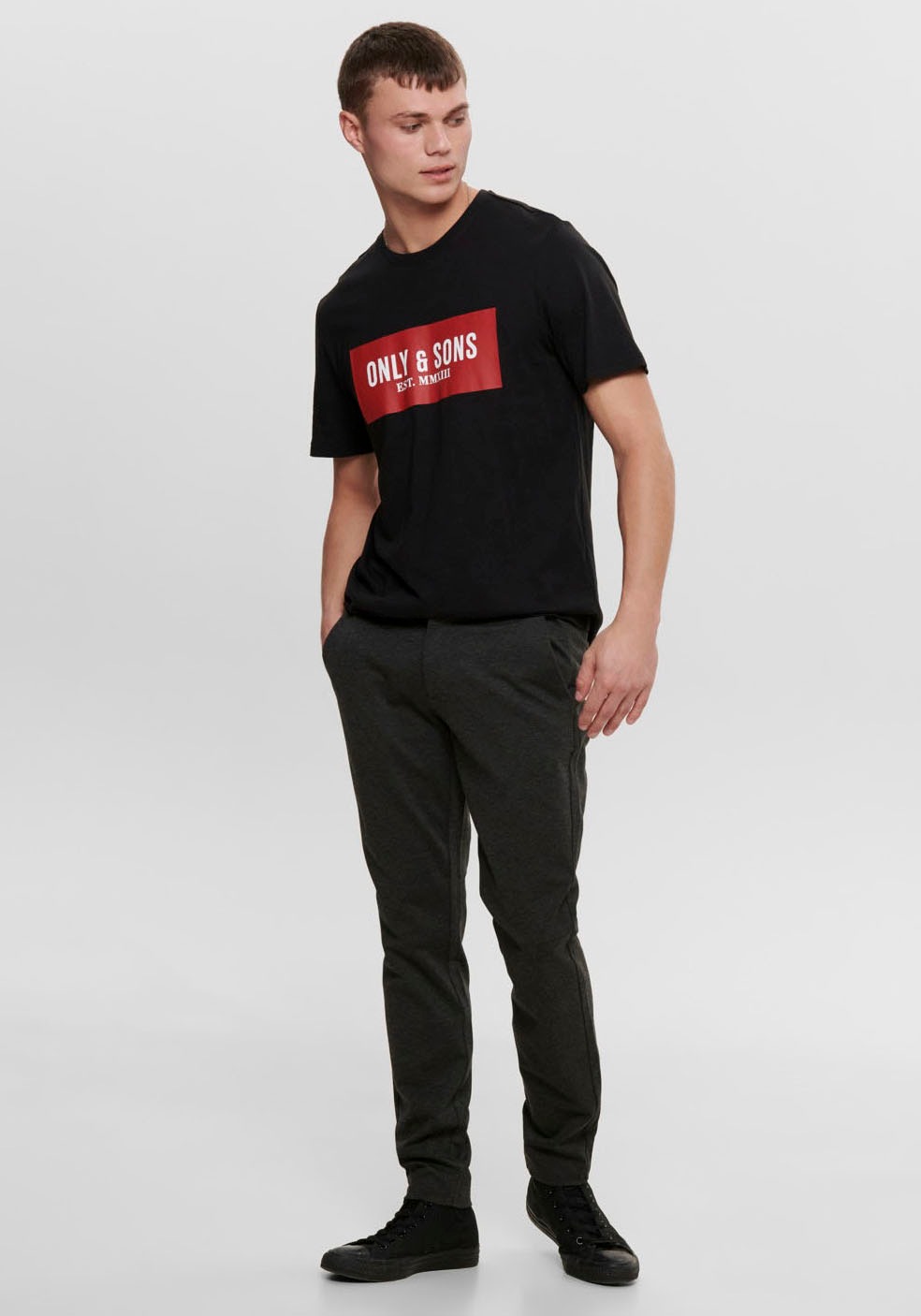 Chinos ONLY & SONS "ONSMARK SLIM GW 0209 PANT NOOS", Herren, Gr. 36, Länge 32, grau (dunkelgrau melange), Web, Obermaterial: 76% Polyester, 20% Viskose, 4% Elasthan, unifarben, schmal normal, Hosen 3