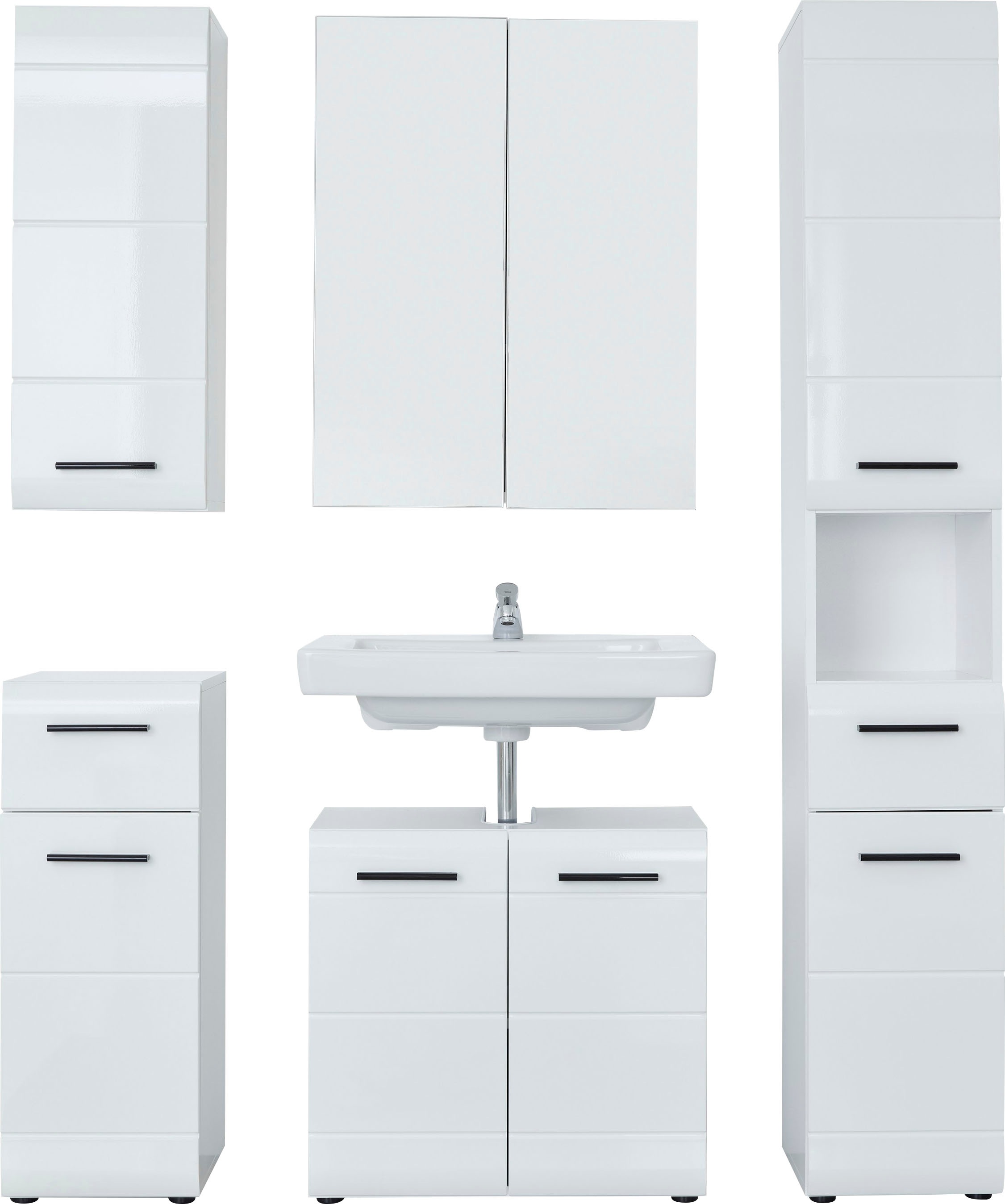 trendteam Badmöbel-Set Skin, (Set, 5 St.), Spiegelschrank mit LED-Beleuchtung, Schränke mit Fronten in Hochglanz- oder Holzoptik