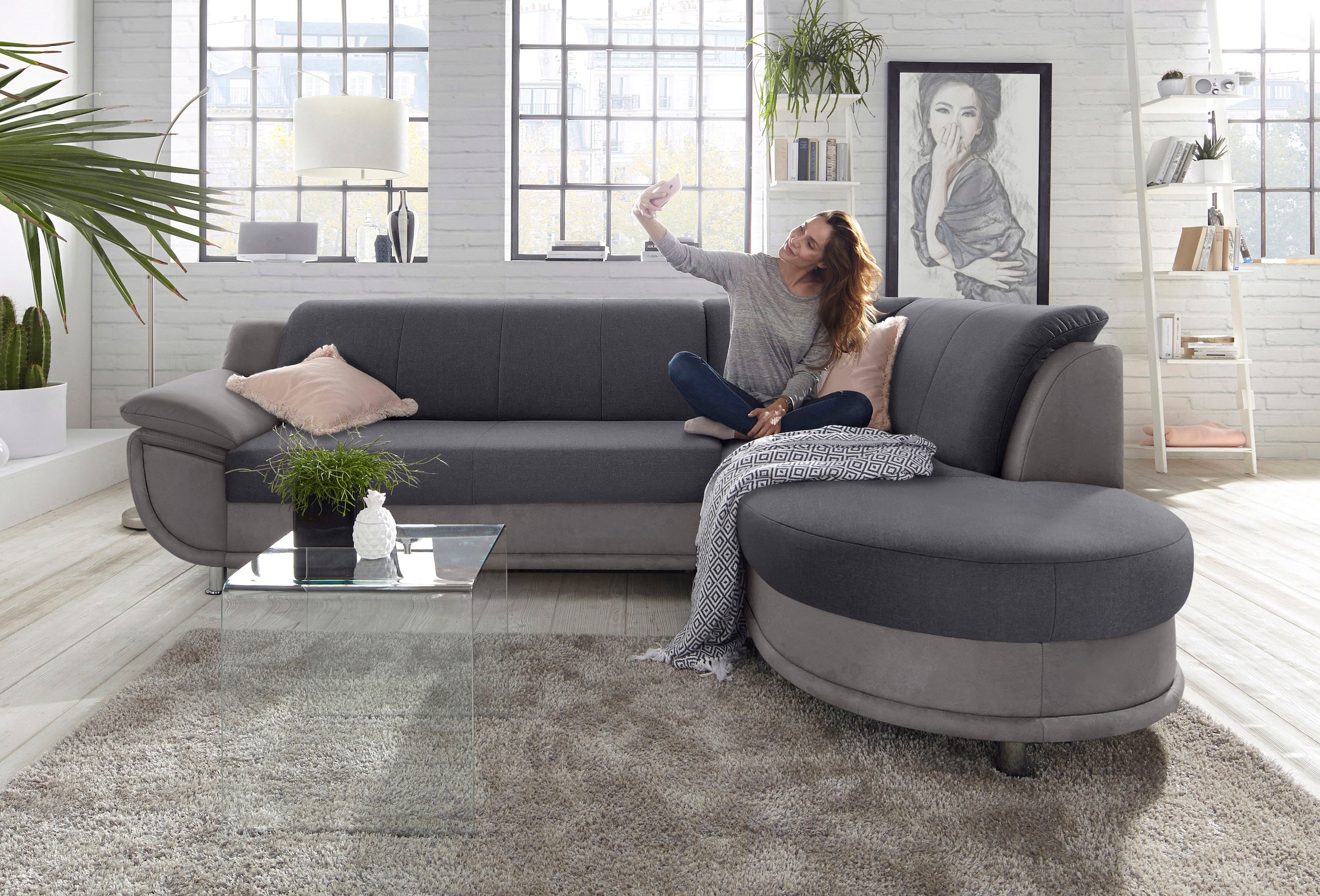 TRENDMANUFAKTUR Ecksofa »Rondo 3, zeitlos und bequem, Materialmix, breite Armlehnen, L-Form«, wahlweise mit Federkern für mehr Komfort, wahlweise mit Bettfunktion