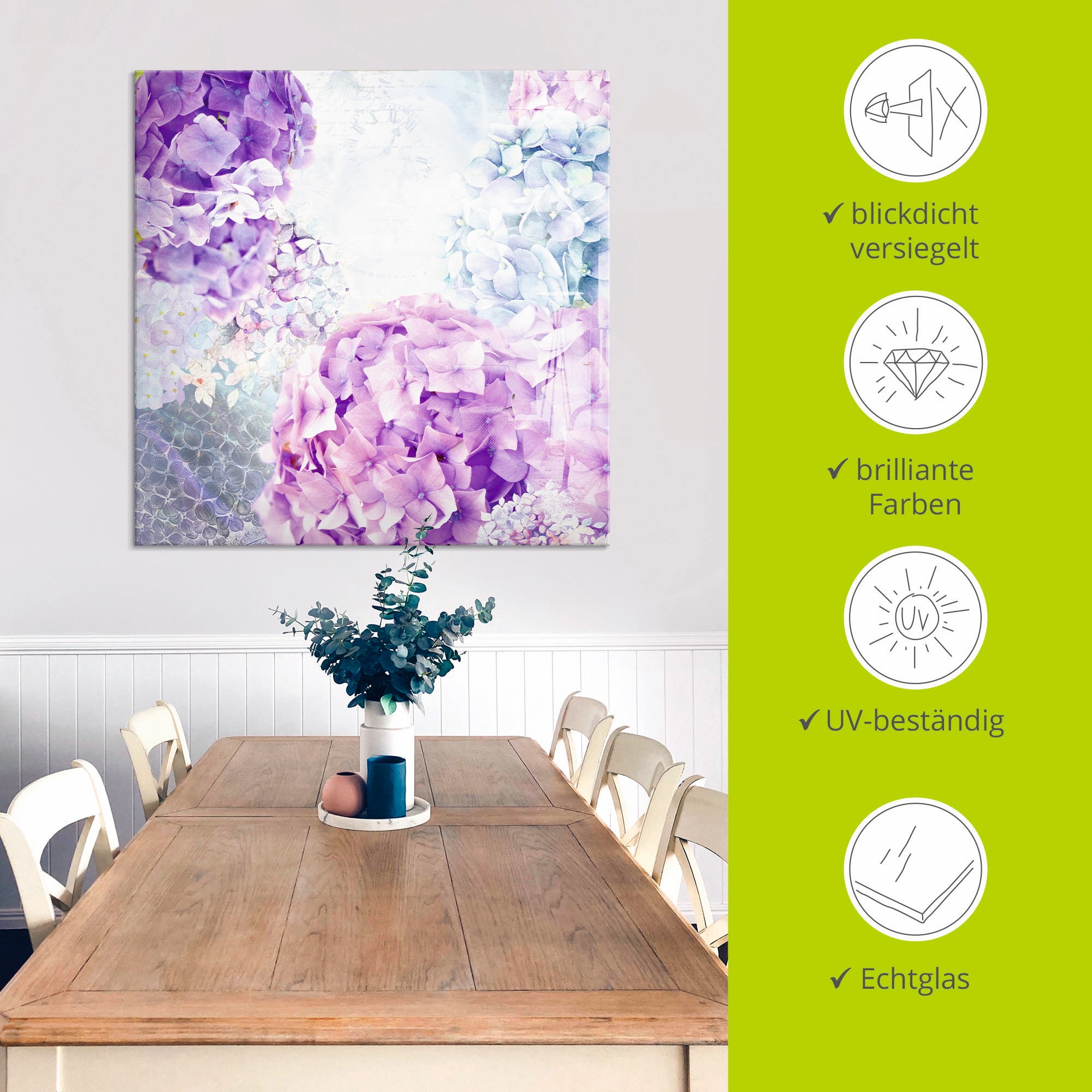 Artland Glasbild »Blau und Pink Hortensie«, Blumen, (1 St.), in verschiedenen Größen