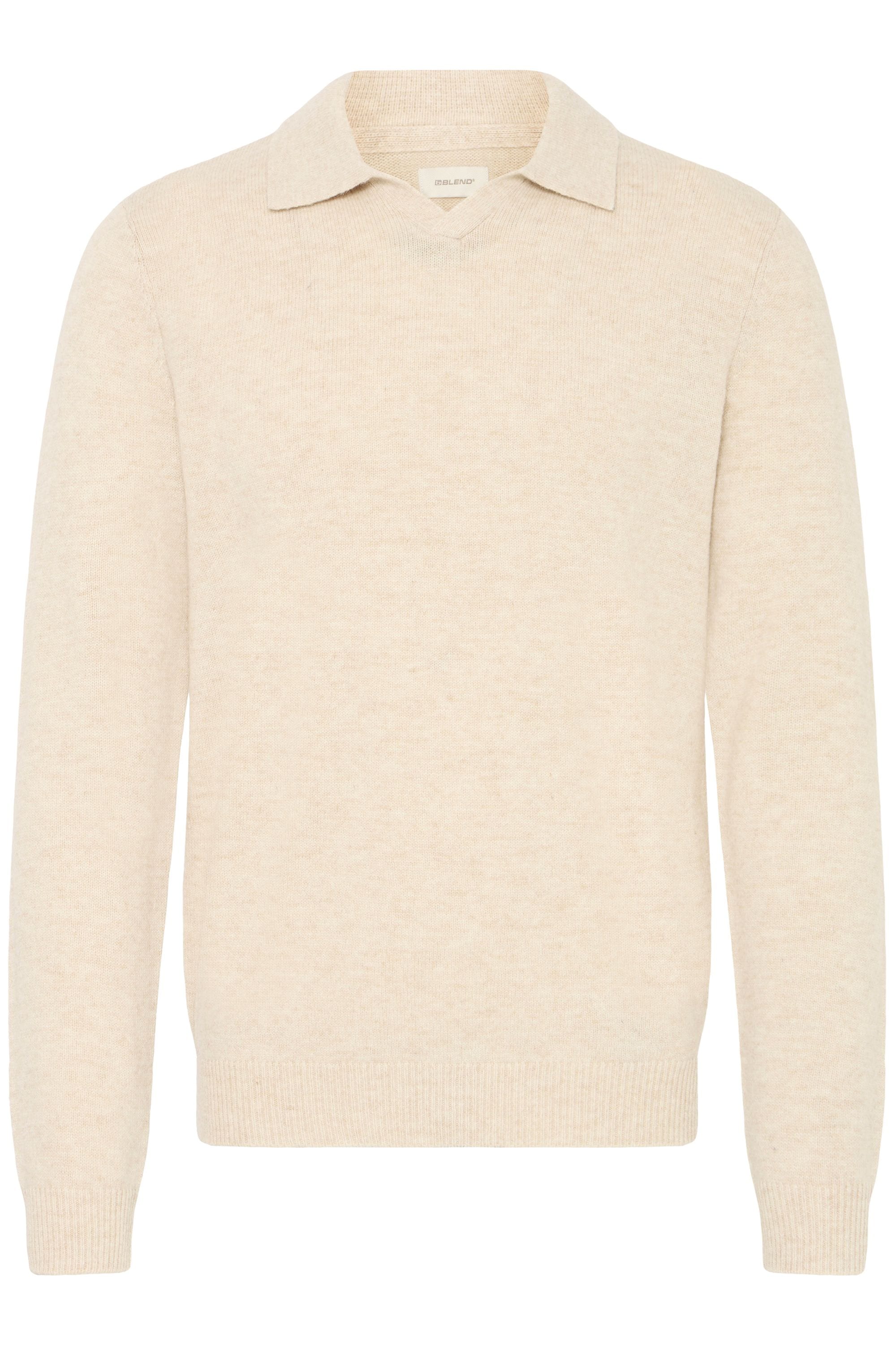 Kurzarmshirt BLEND "BHBranko", Herren, Gr. L, crockery melange, Feinstrick, 60% Wolle, 40% Nylon, meliert, Basic, normal normal, V-Ausschnitt, Rippbündchen, Shirts, Lässiger Pullover mit Polo-Kragen