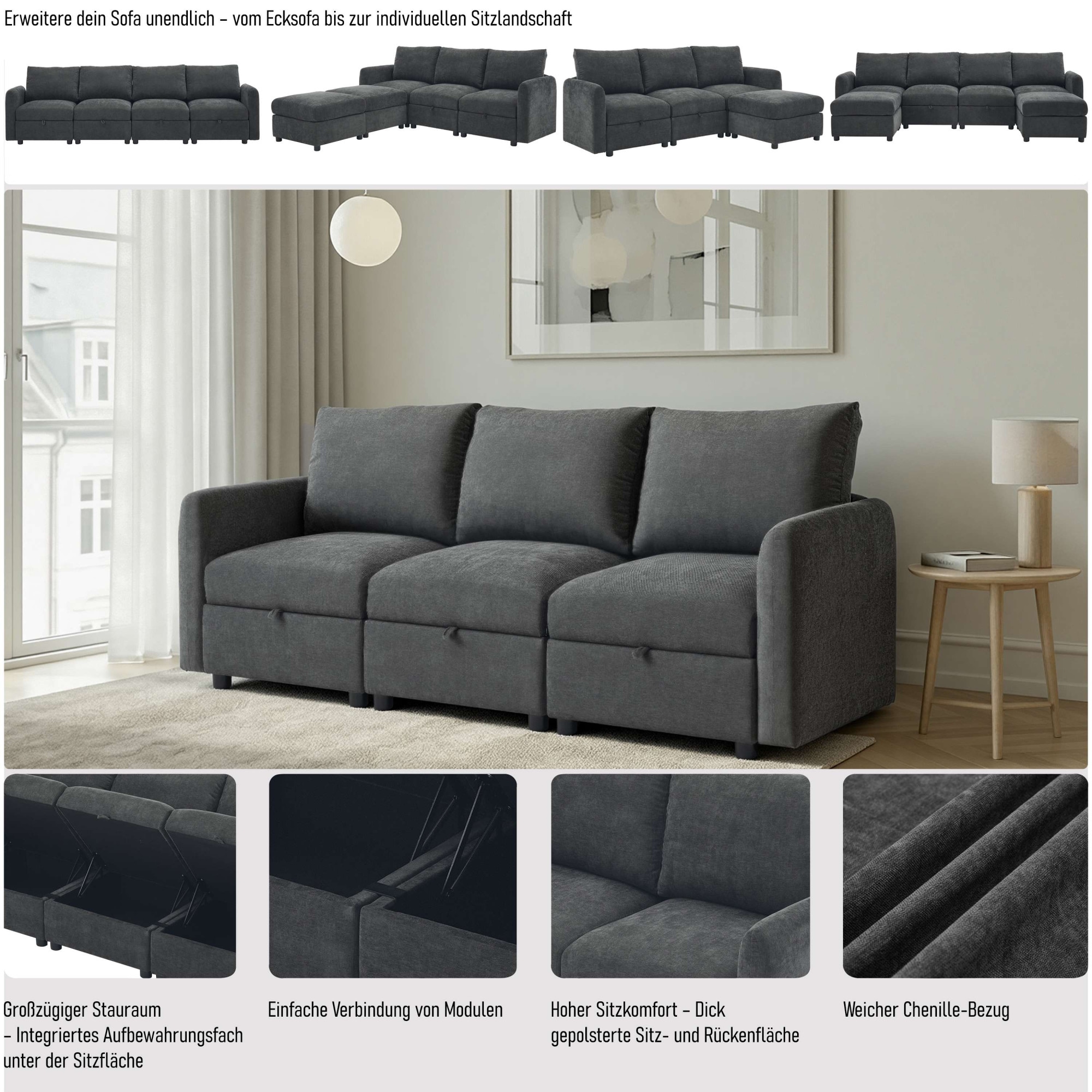 Dorel Home 3-Sitzer »STILHUS Modularsofa mit Stauraum, Breite 220 cm, Chenille-Bezug« als Modul oder separat verwendbar - individuell kombinierbar