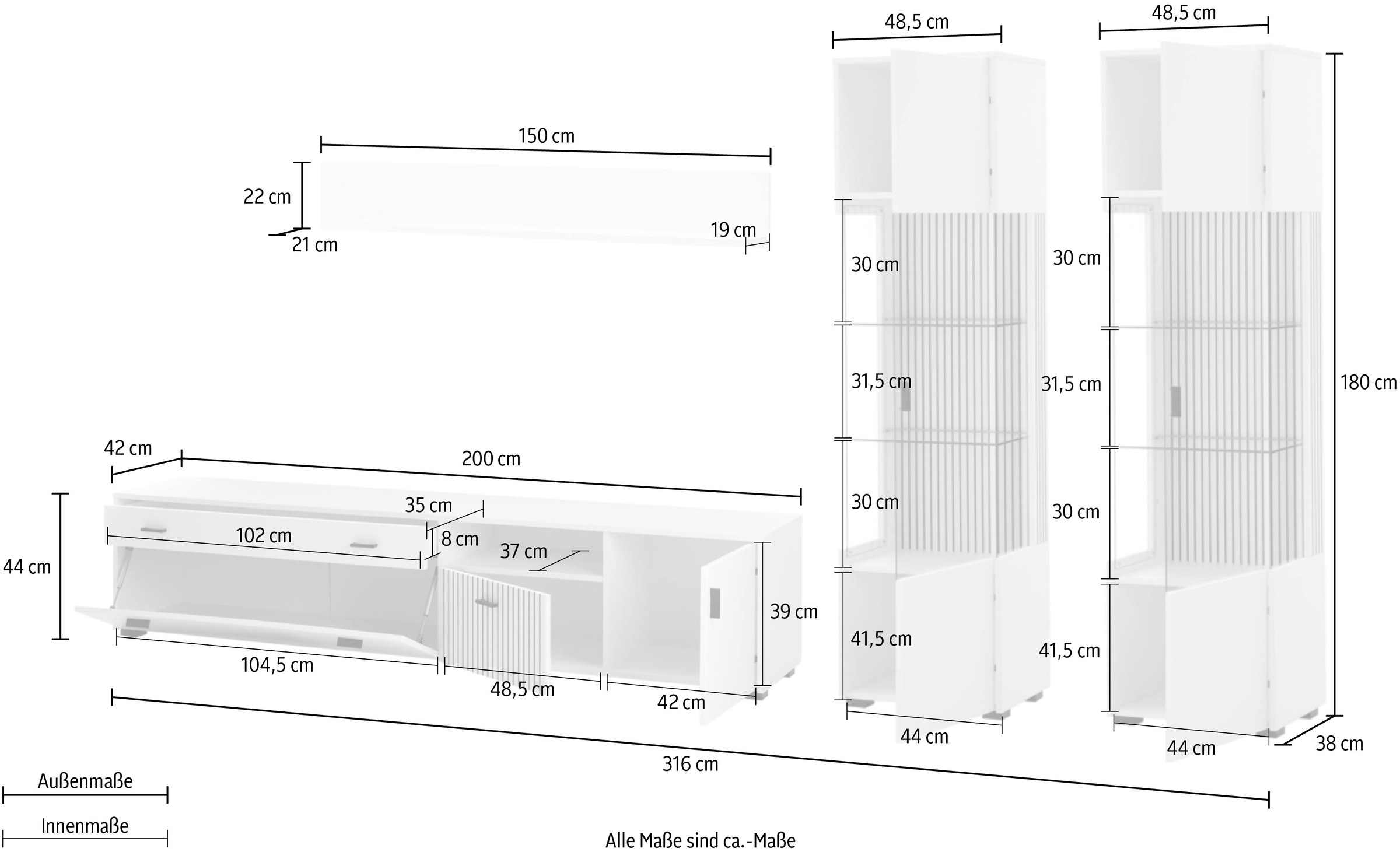 INOSIGN Wohnwand »HUDSON«, (Set, 4 St.), mit moderner Rillenoptik, Griffe aus Metall (Schwarz), Breite 316 cm