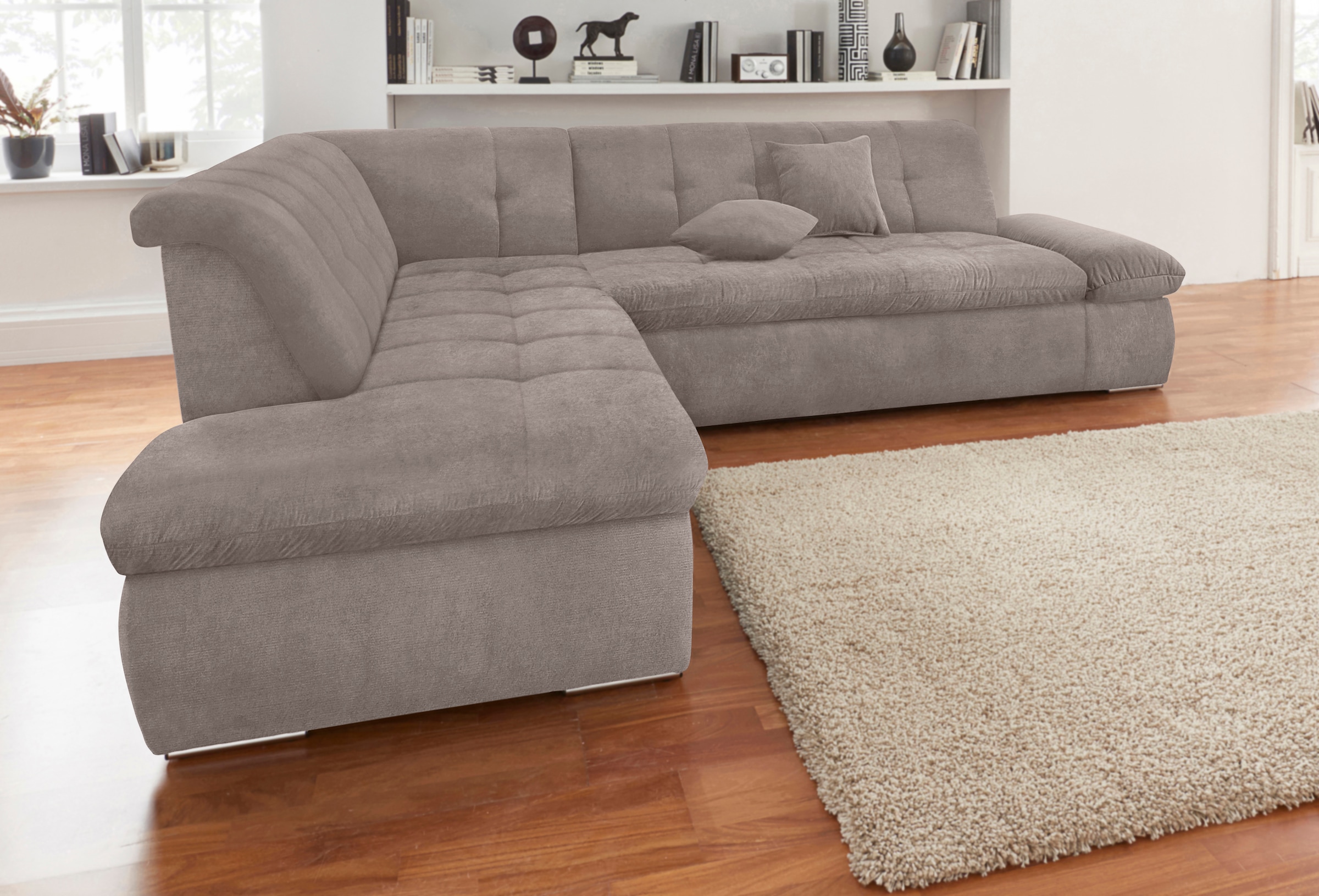 DOMO collection Ecksofa »Moric Luxus incl. Zierkissen B/T/H: 273/216/80 cm«, XXL, L-Form, bis 140kg pro Sitzplatz belastbar, Ottomanen-Abschluss