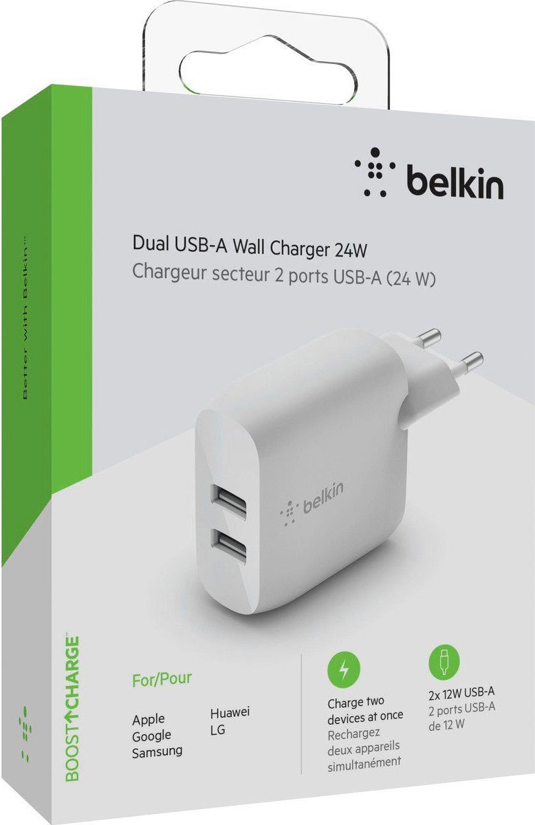 Belkin Smartphone-Ladegerät »BOOST↑CHARGE 24 W USB-A-Netzladegerät mit zwei Anschlüssen«, für Samsung Galaxy, Apple iPad / iPhone, Google Pixel