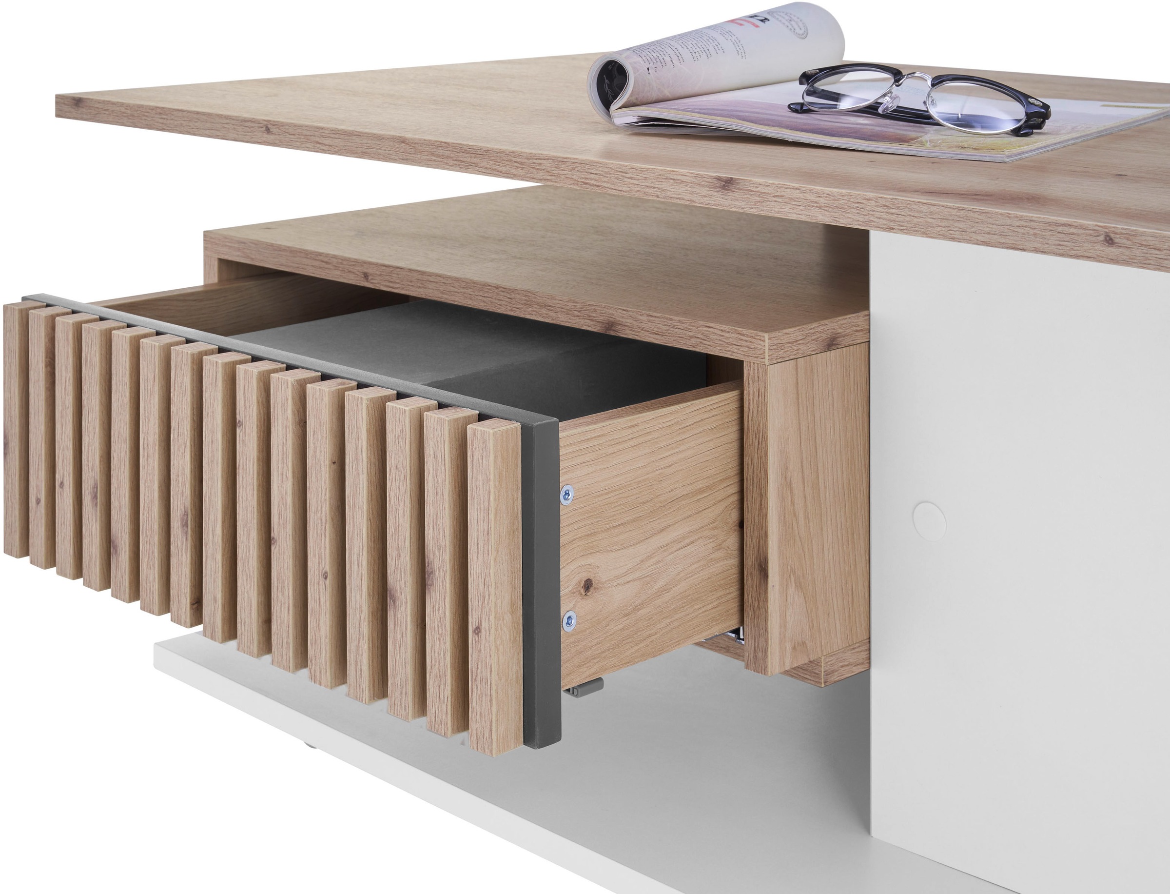 Stolkom Couchtisch »Ally Wohnzimmertisch rollbar Weiß, Artisan Dekor, BxHxT 110x44,5x60 cm«, Schubladenfront mit Lamellen-Optik, Couchtisch rollbar