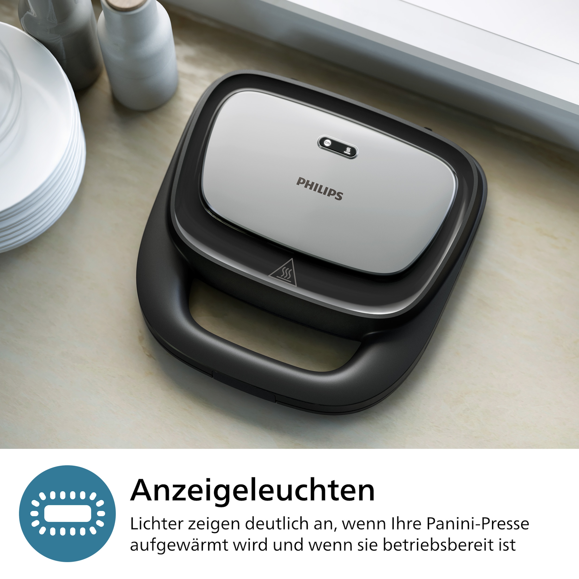 Philips Sandwichmaker »5000 Series HD2350/80, mit 3 austauschbaren Plattensätzen«, 750 W, gleichmäßiges Aufheizen, kompakte Aufbewahrung; Schwarz / Silber