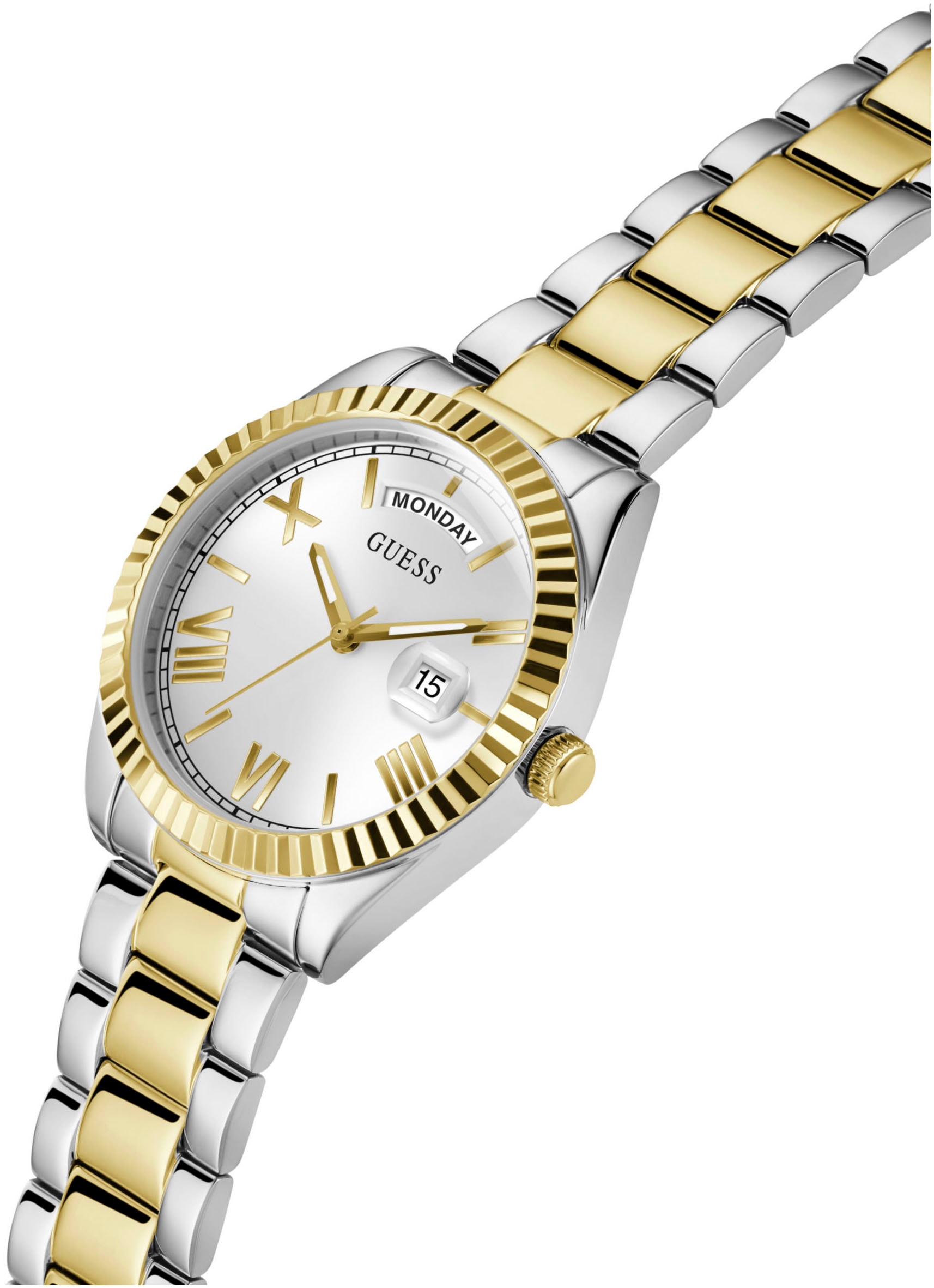 Guess Quarzuhr »LUNA«, Armbanduhr, Damenuhr, Datum, Edelstahlarmband, Mineralglas, analog
