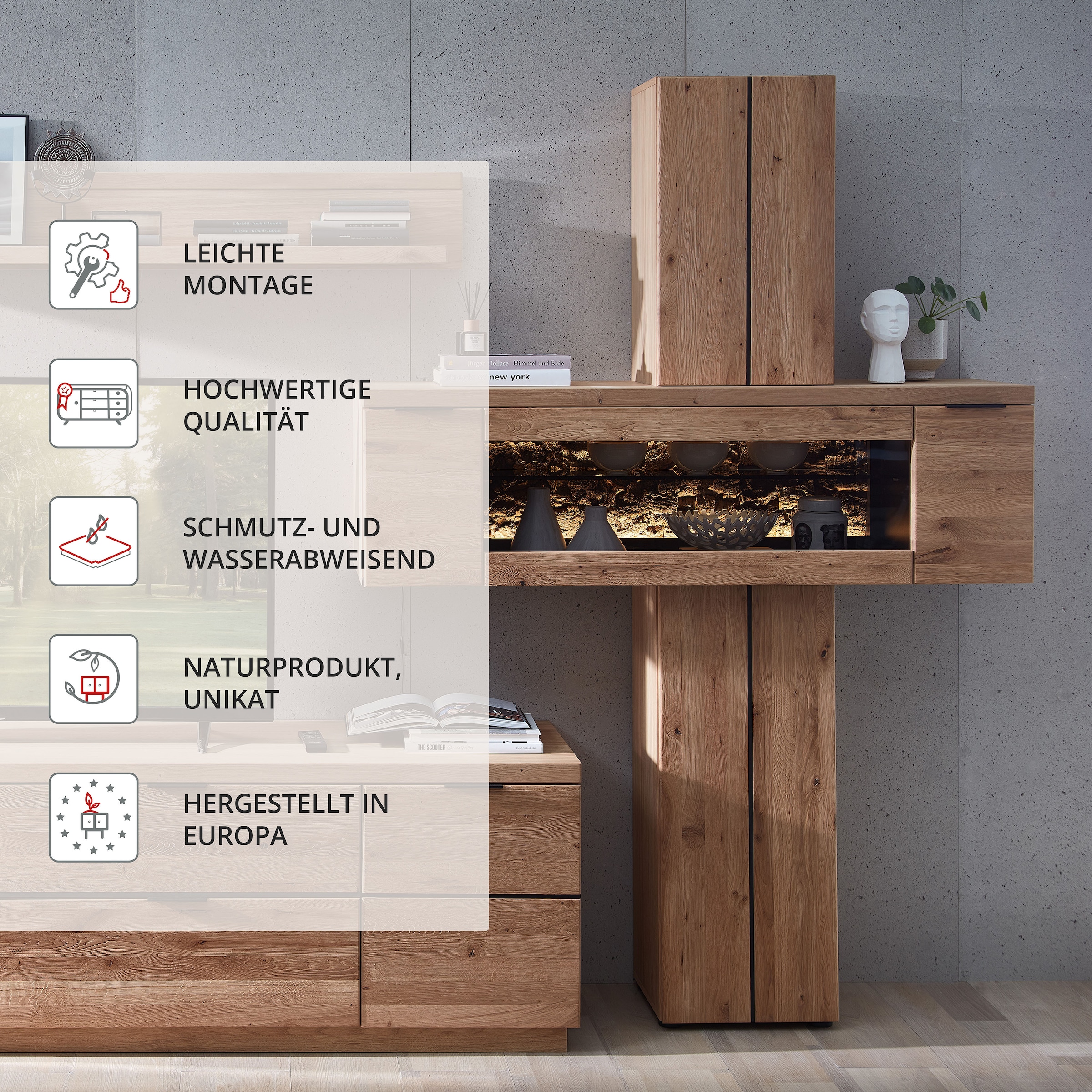 Wohnconcept Stauraumvitrine »Donna Stauraum-Säule, 140x203x42 (BxHxT)« 1 Stk. tlg. Beleuchtung bestellbar, 2 türig, Echtkork Absetzung, L/R verwendbar