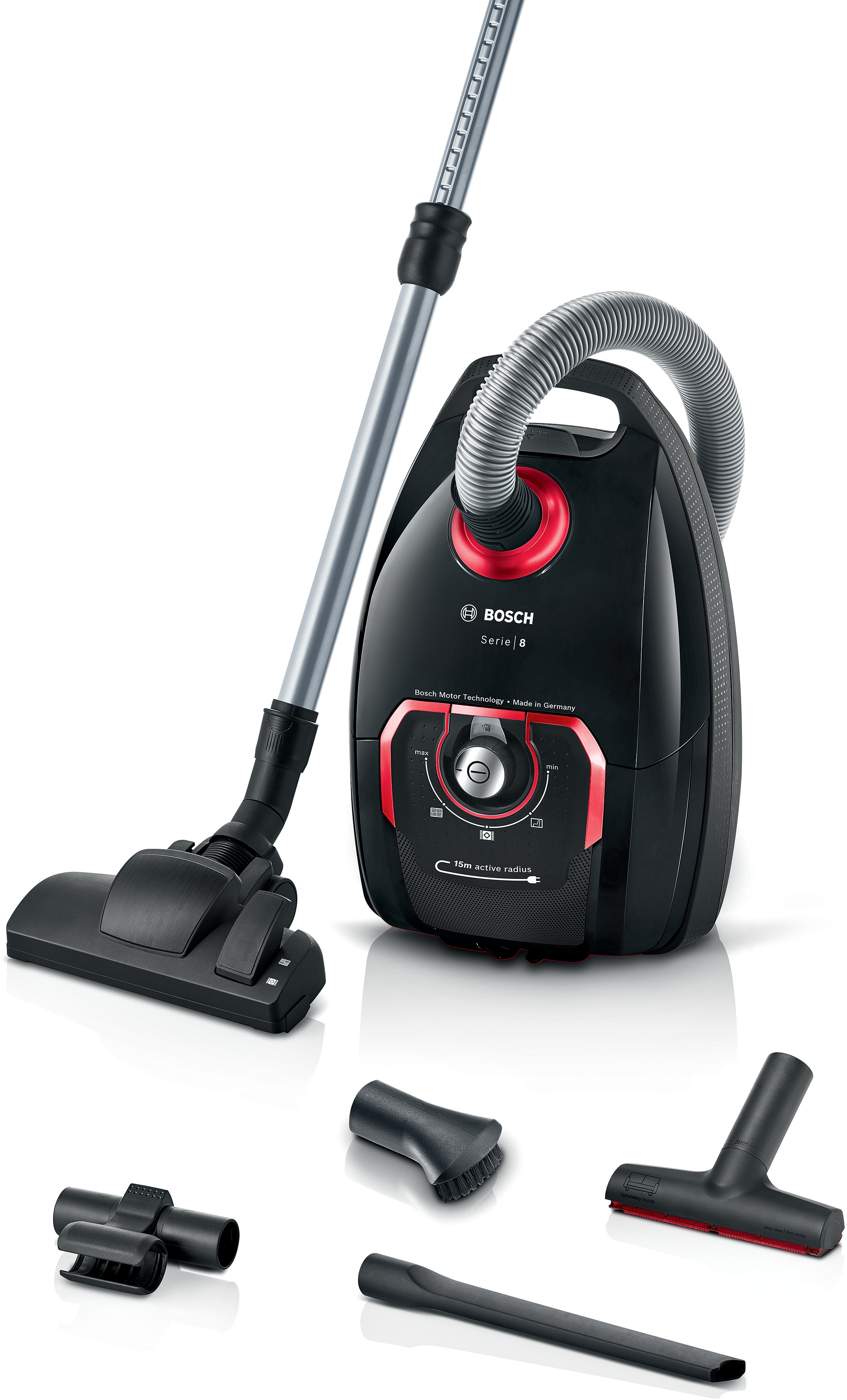 BOSCH "Serie 8 BGB75X650, ideal für Allergiker, 10 Jahre Motorgarantie" 650 W mit Beutel Hygiene-Filter, XXL-Polsterdüse, XXL-Fugendüse, langes Kabel, schwarz